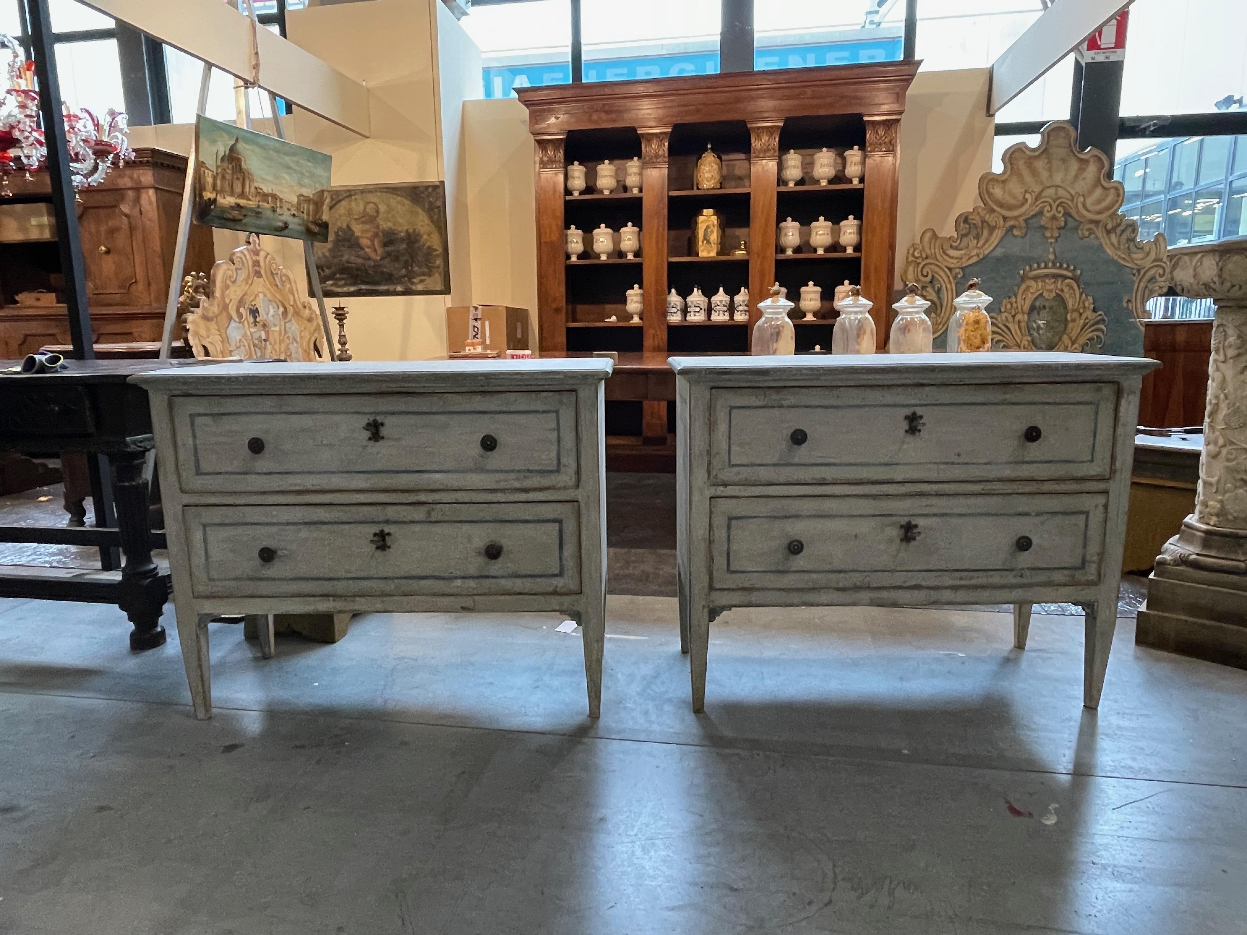 Light Grey with Blue Accents Pair Faux Painted Commodes, Italy, 1920s 5