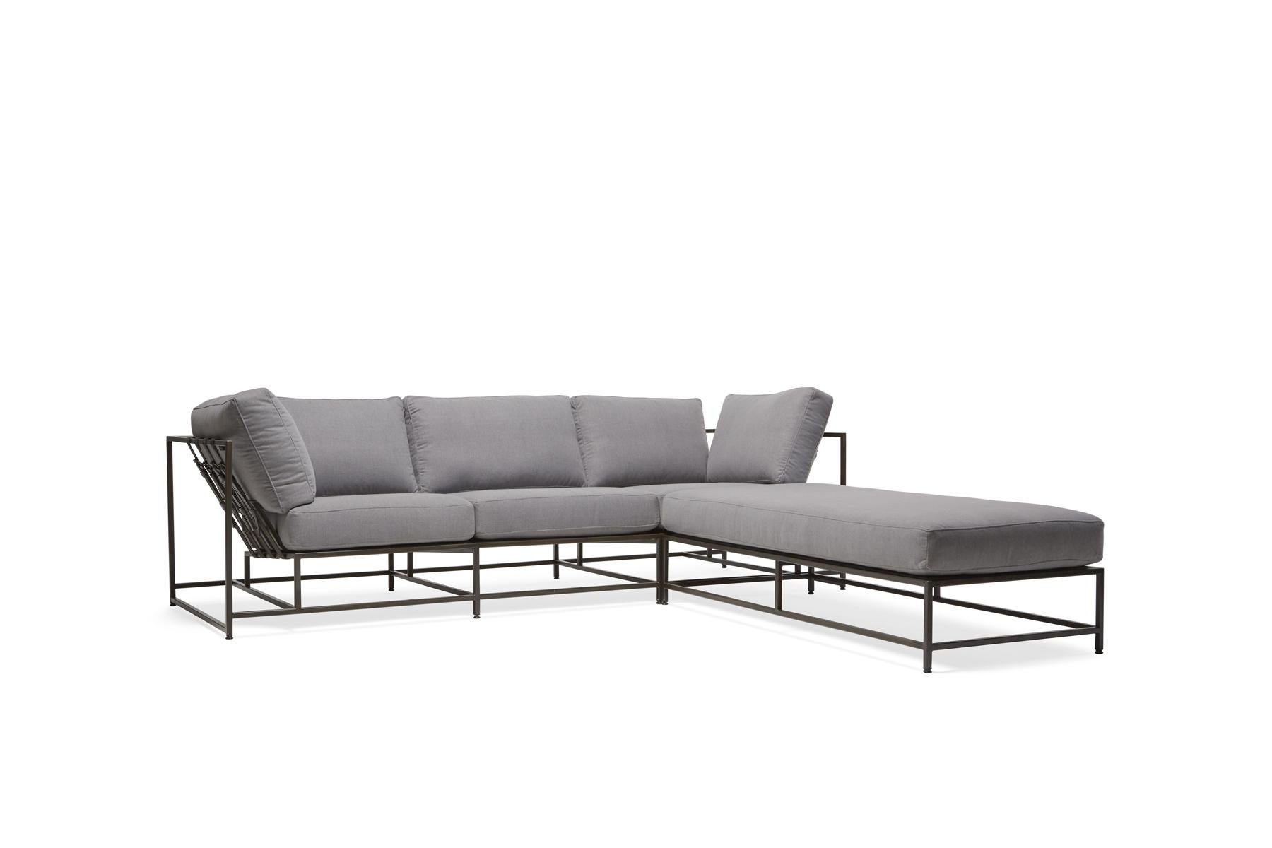 Modern Light Grey Wool and Blackened Steel L Sectional For Sale