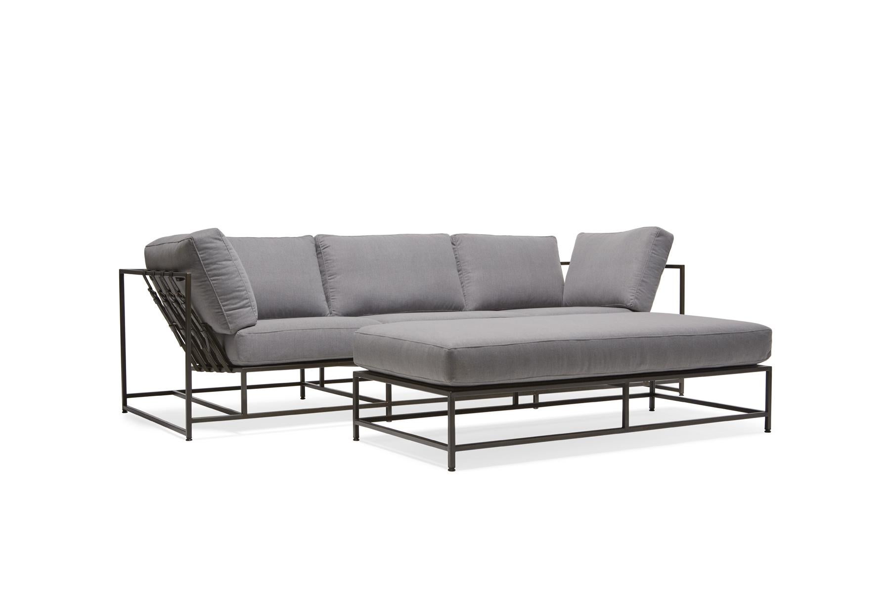 American Light Grey Wool and Blackened Steel L Sectional For Sale