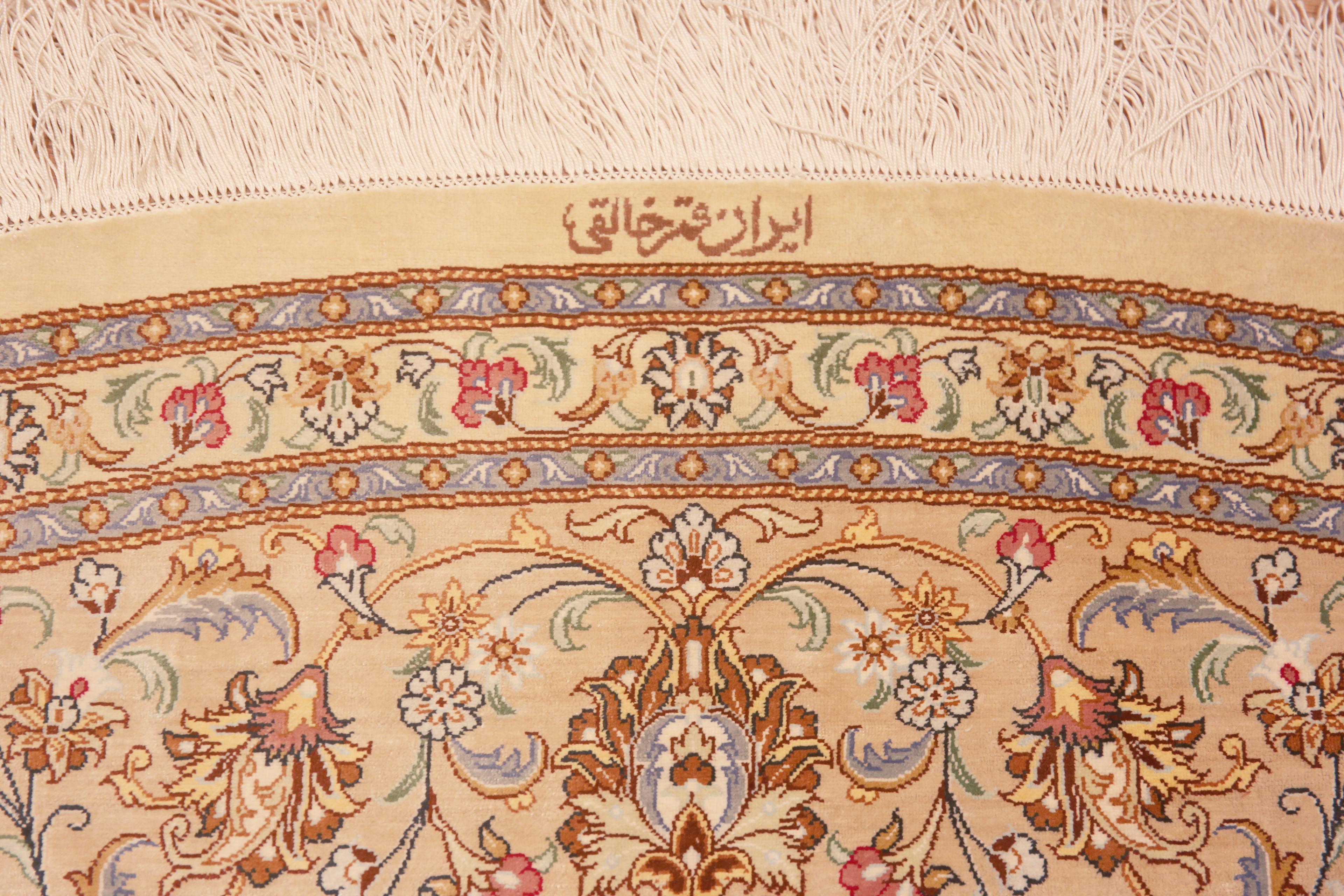 Tabriz Light Ivory Fine Vintage Persian Gonbad Design Round Silk Qum Rug 8' x 8' For Sale