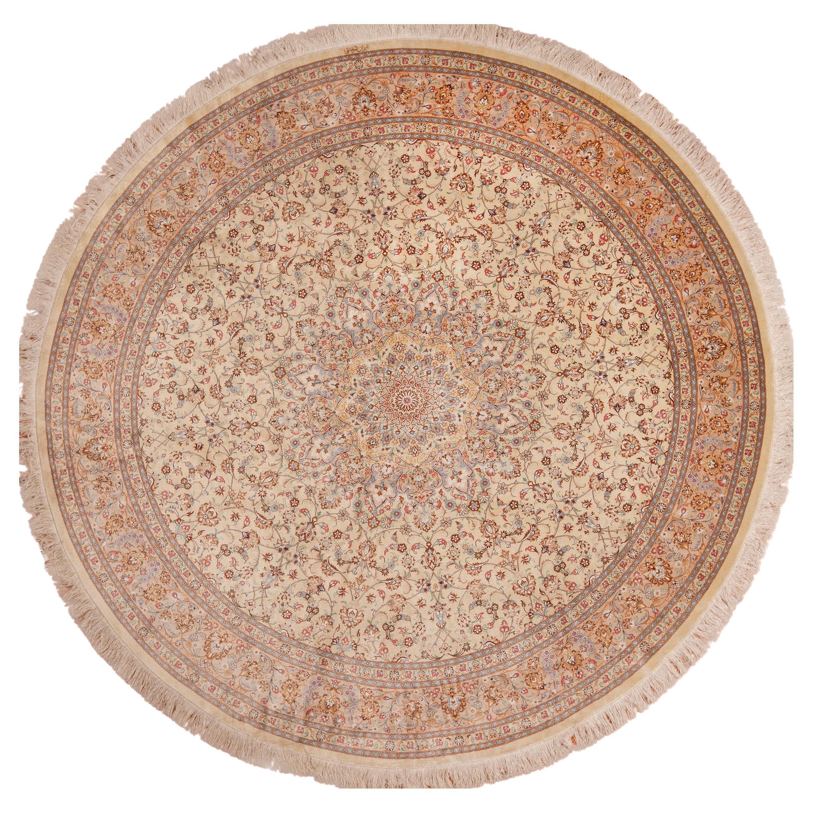 Light Ivory Fine Vintage Persian Gonbad Design Round Silk Qum Rug 8' x 8'