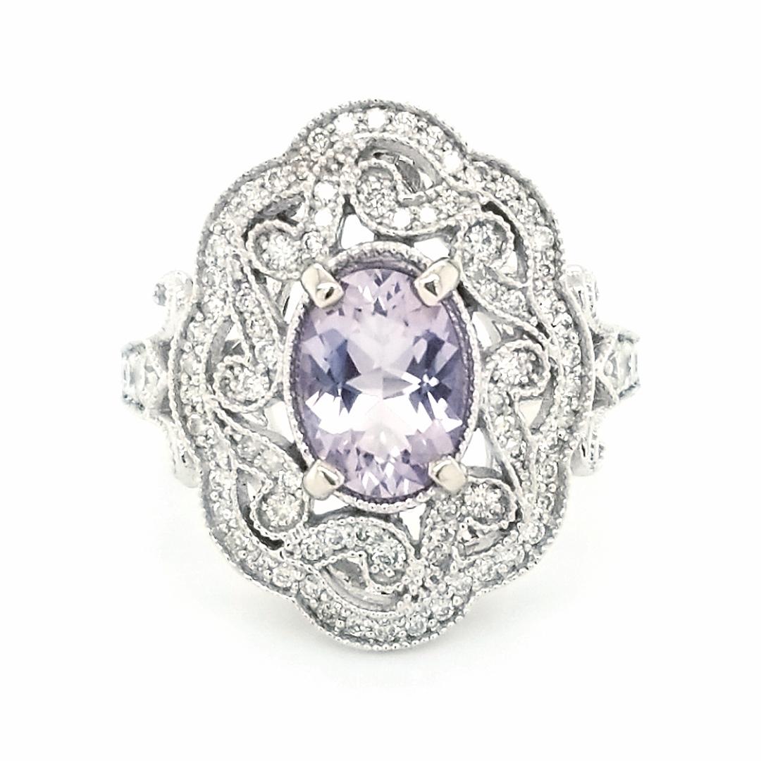 Just a brush of lavender gives this MEGA ring a mega sweetness. If you love the feel of vintage and want a substantial statement ring, this is your perfect piece! With 0.75ct of bright sparkling diamonds and fantastic milgrain details, this ring is