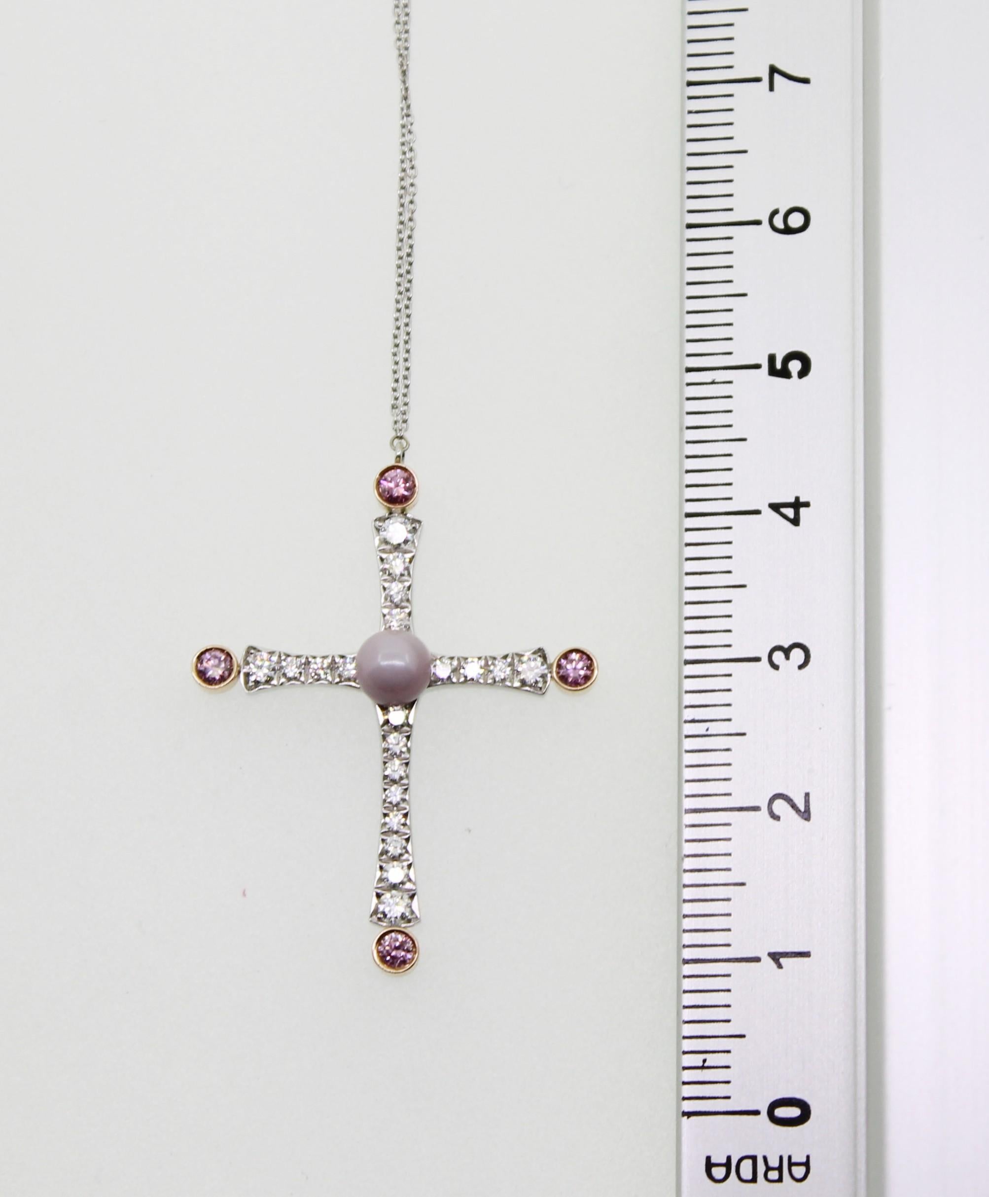 Women's Light Lilac Quahog Pearl with Pink and White Diamond Cross Pendant Necklace For Sale