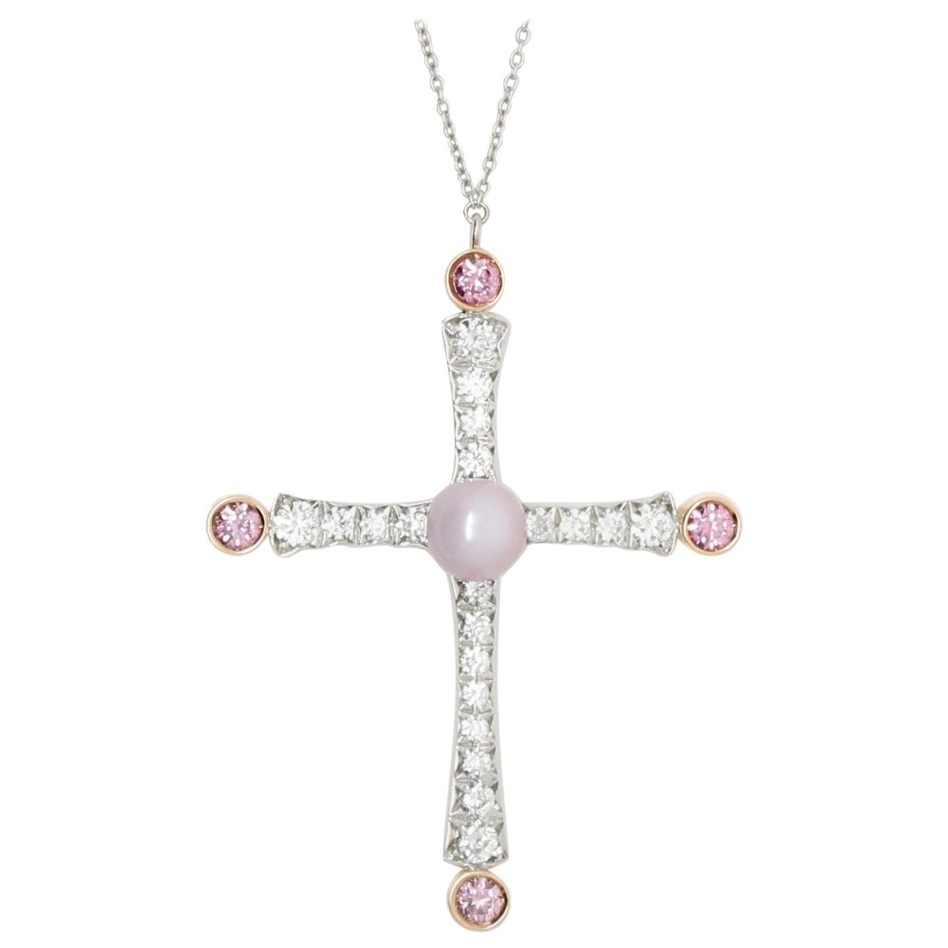 Light Lilac Quahog Pearl with Pink and White Diamond Cross Pendant Necklace For Sale