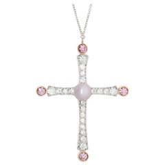 Light Lilac Quahog Pearl with Pink and White Diamond Cross Pendant Necklace