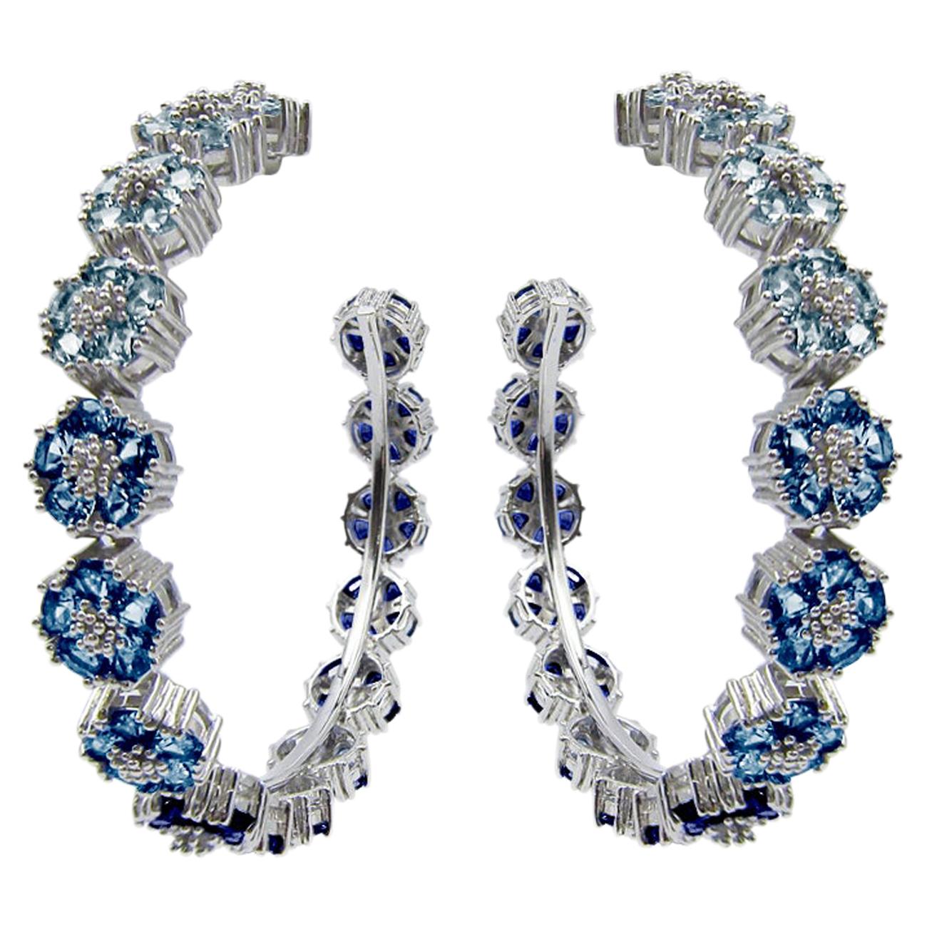 Light Medium and Dark Blue Topaz Ombre Blossom Gentile Large Gemstone Hoops For Sale