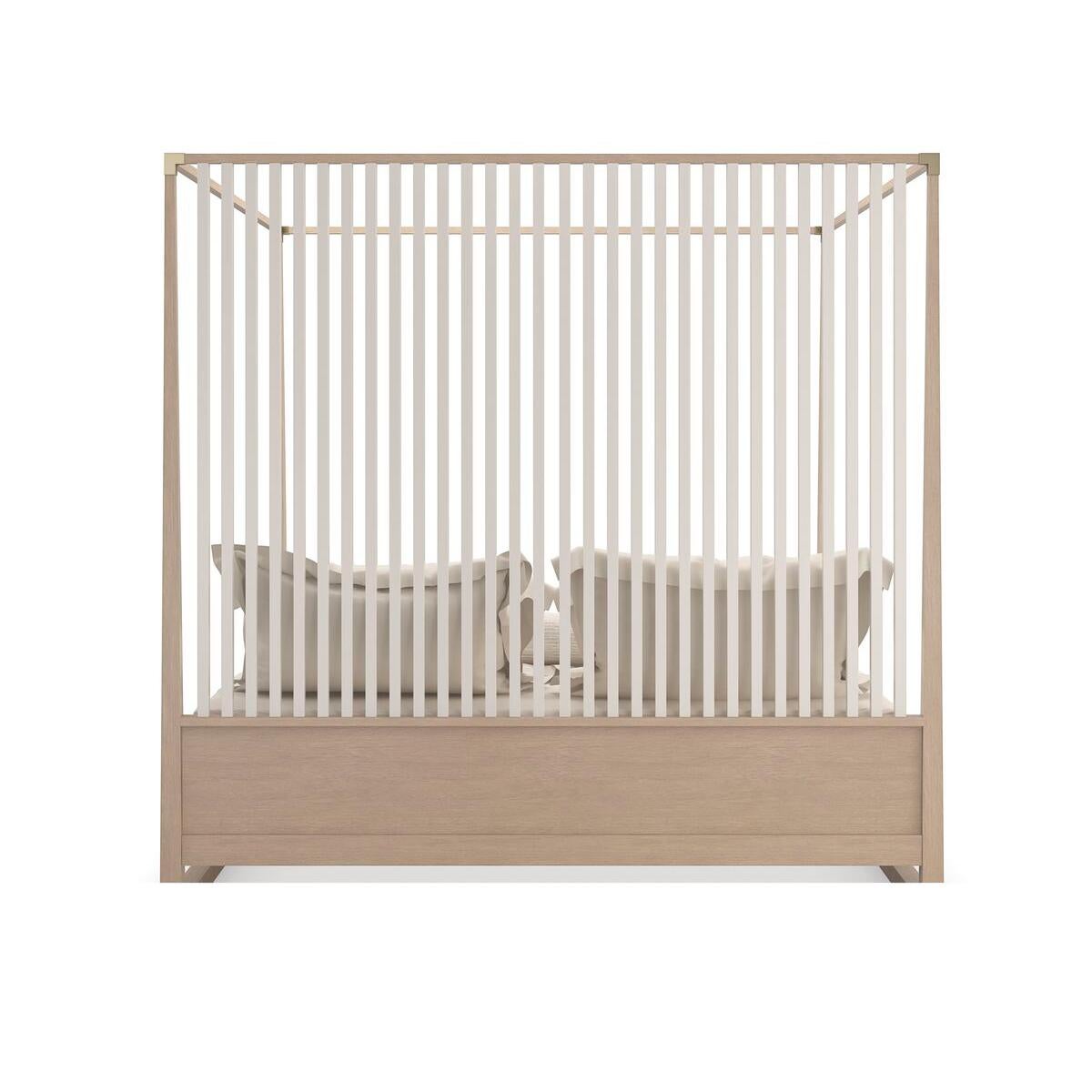 With a dramatic vertical slat back design. It has an architecturally inspired design and is an updated take on the classic canopy bed. With a canopy and posts framed in Sundrenched quarter-sawn oak, its architectural design is emphasized by