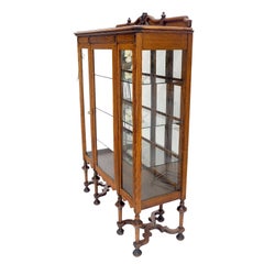 Light Oak Ball Feet Glass Doors Shelves China Curio Display Cabinet Brass Key