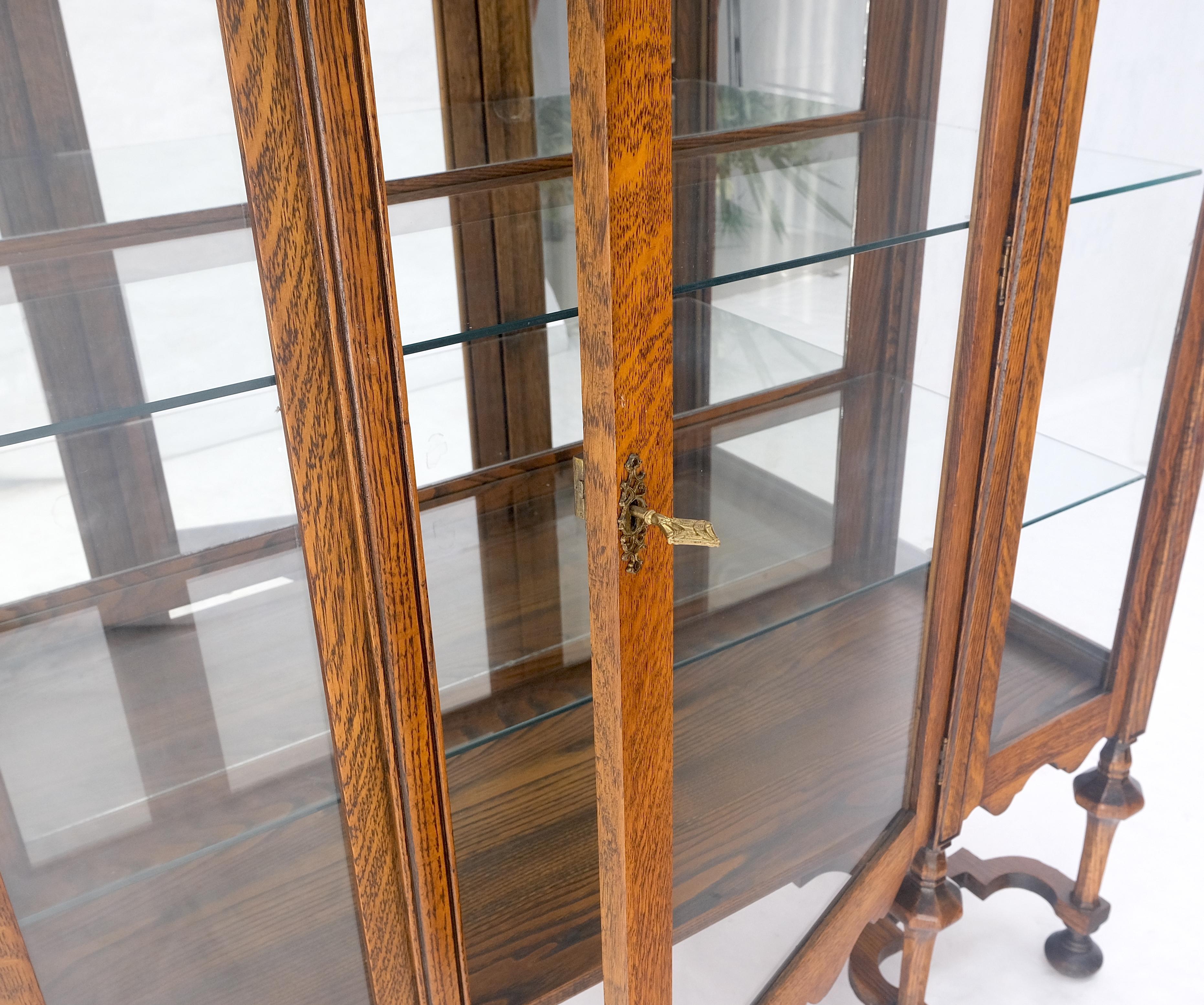 20th Century Light Oak Ball Feet Glass Doors Shelves China Curio Display Cabinet Brass Key  For Sale