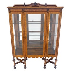 Light Oak Ball Feet Glass Doors Shelves China Curio Display Cabinet Brass Key