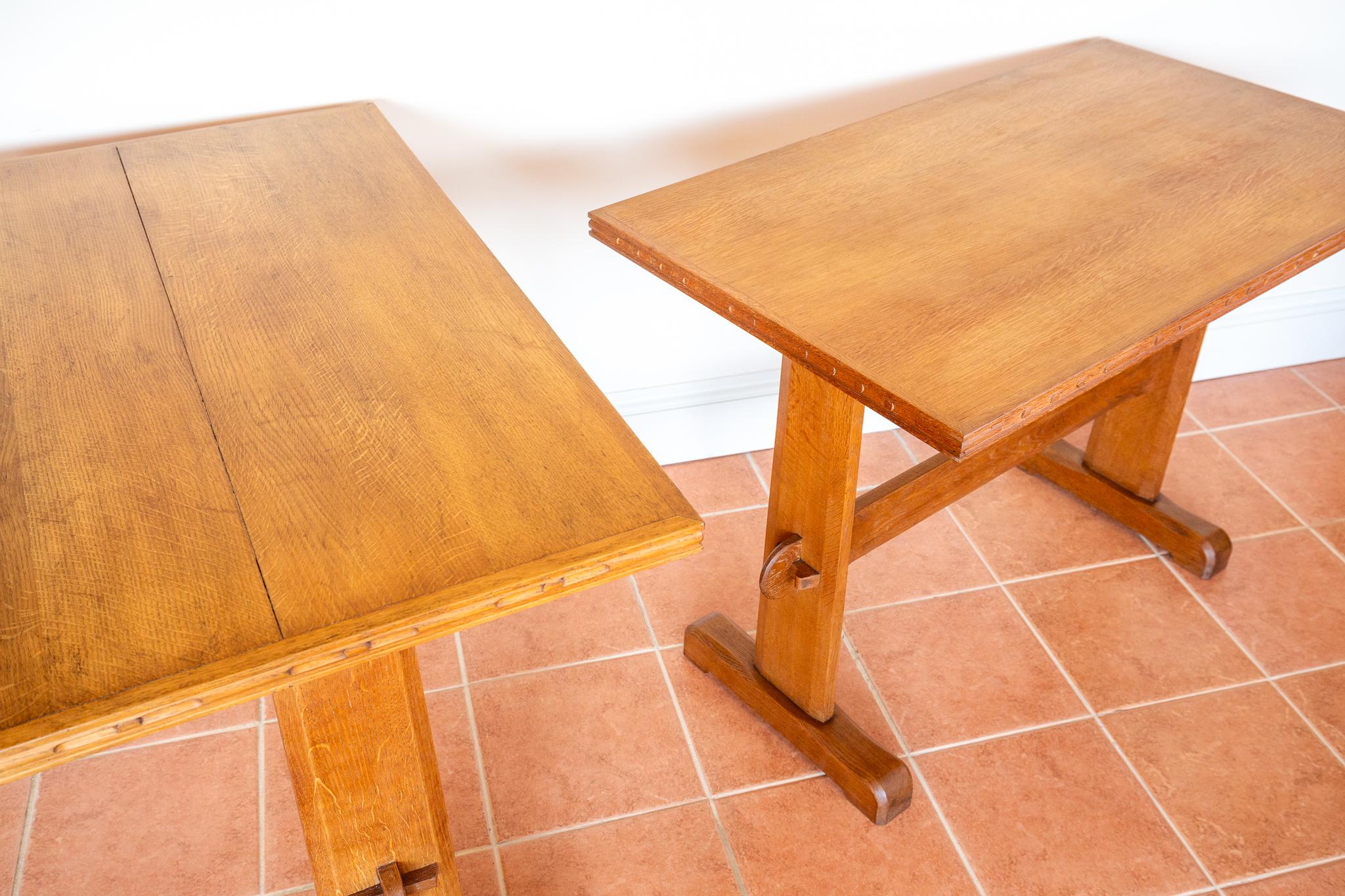 Light Oak Refectory Trestle Dining Side Tables Pair Cotswold School Arts Crafts For Sale 3