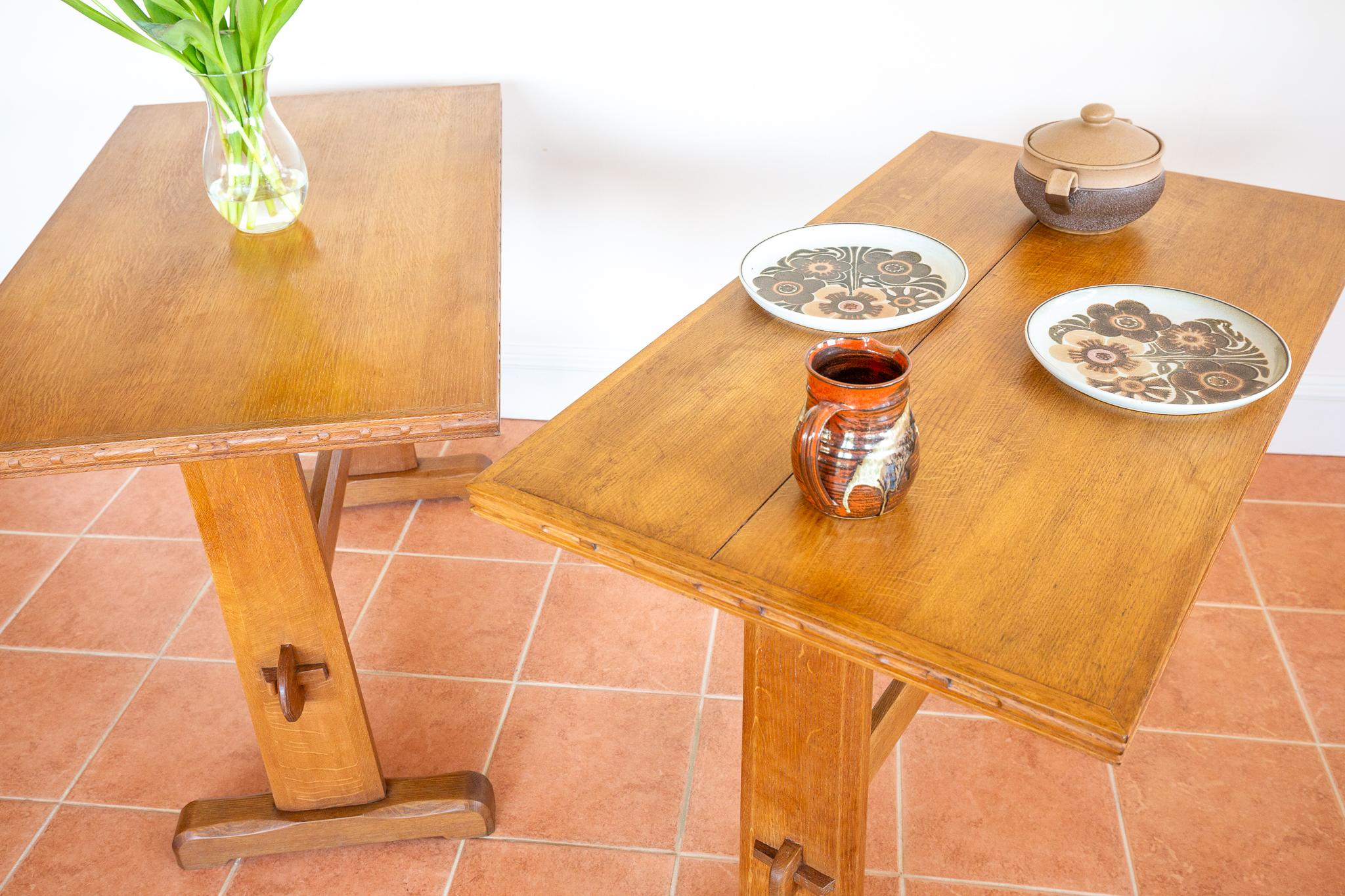 Light Oak Refectory Trestle Dining Side Tables Pair Cotswold School Arts Crafts For Sale 5