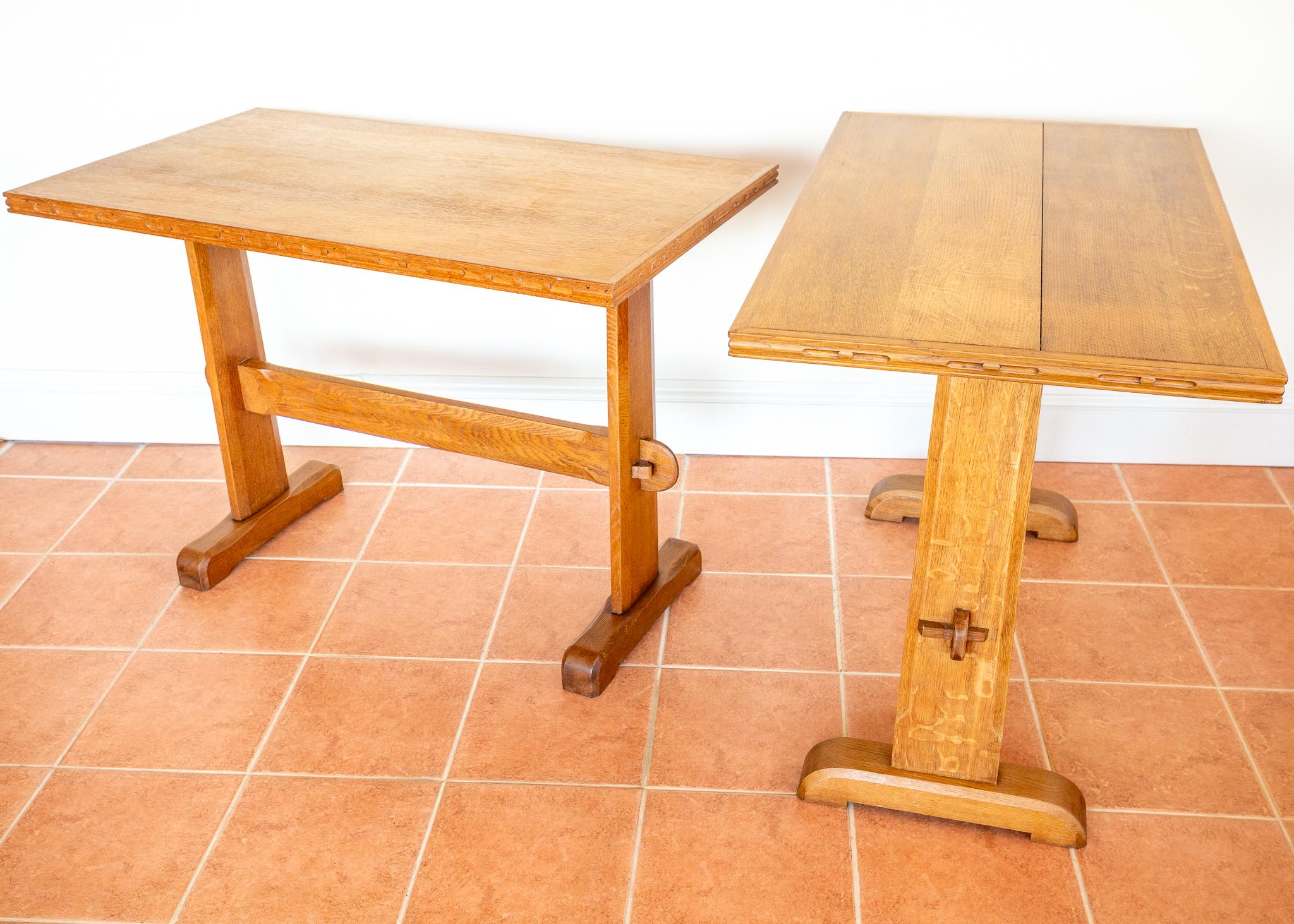 Light Oak Refectory Trestle Dining Side Tables Pair Cotswold School Arts Crafts For Sale 6