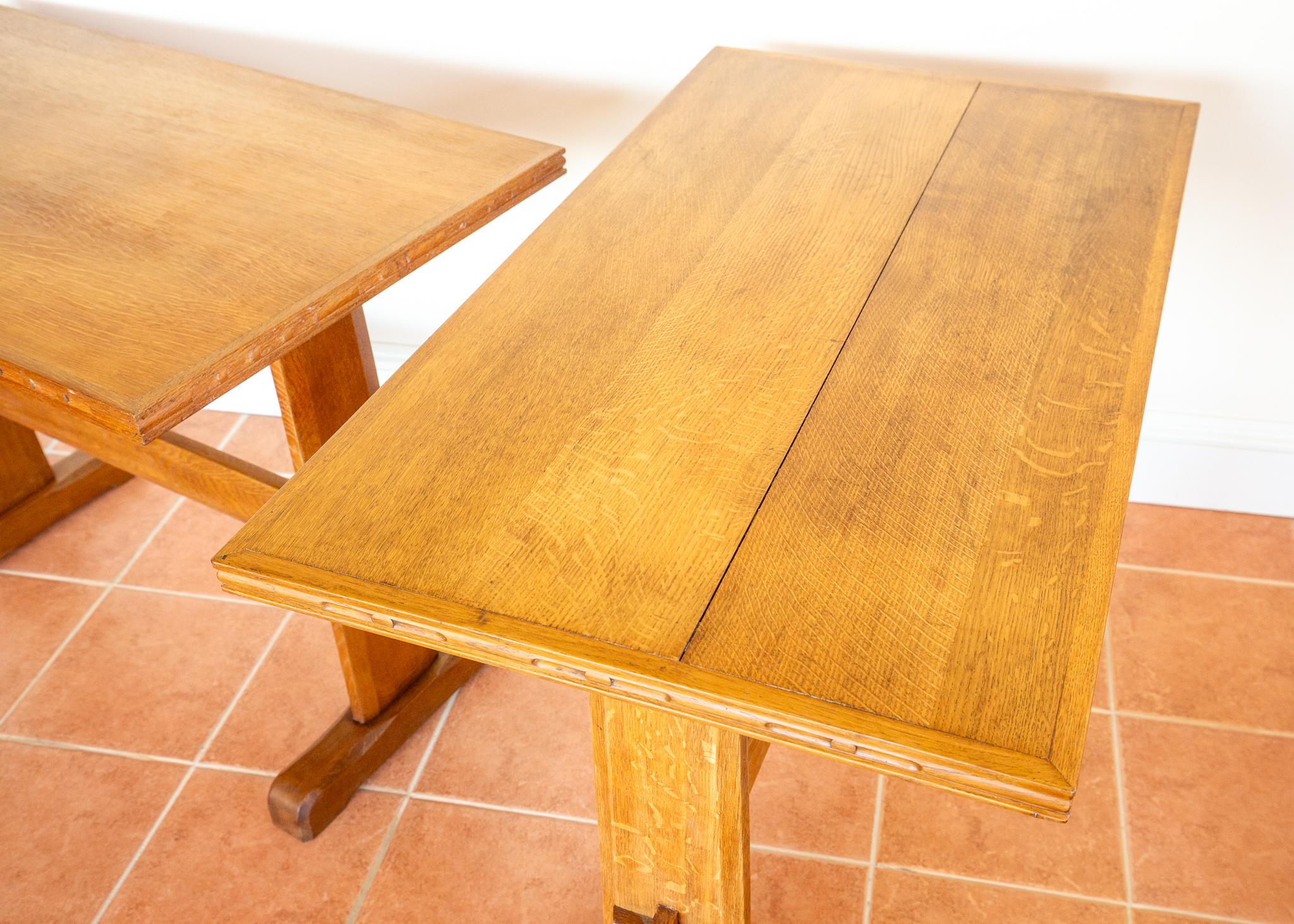 Light Oak Refectory Trestle Dining Side Tables Pair Cotswold School Arts Crafts For Sale 7