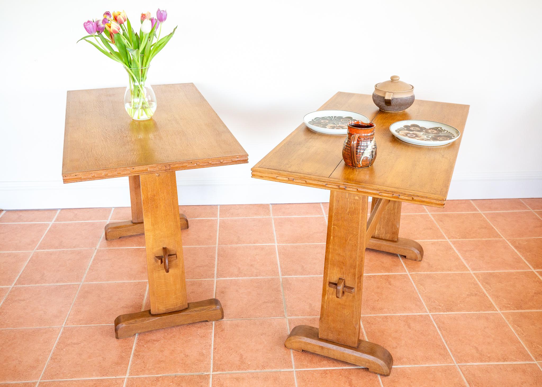 Light Oak Refectory Trestle Dining Side Tables Pair Cotswold School Arts Crafts For Sale 10