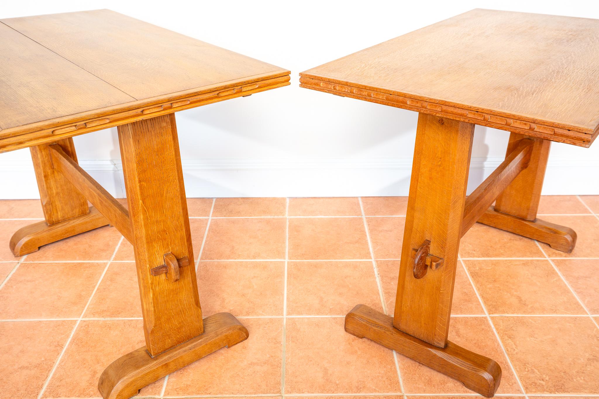 British Light Oak Refectory Trestle Dining Side Tables Pair Cotswold School Arts Crafts For Sale
