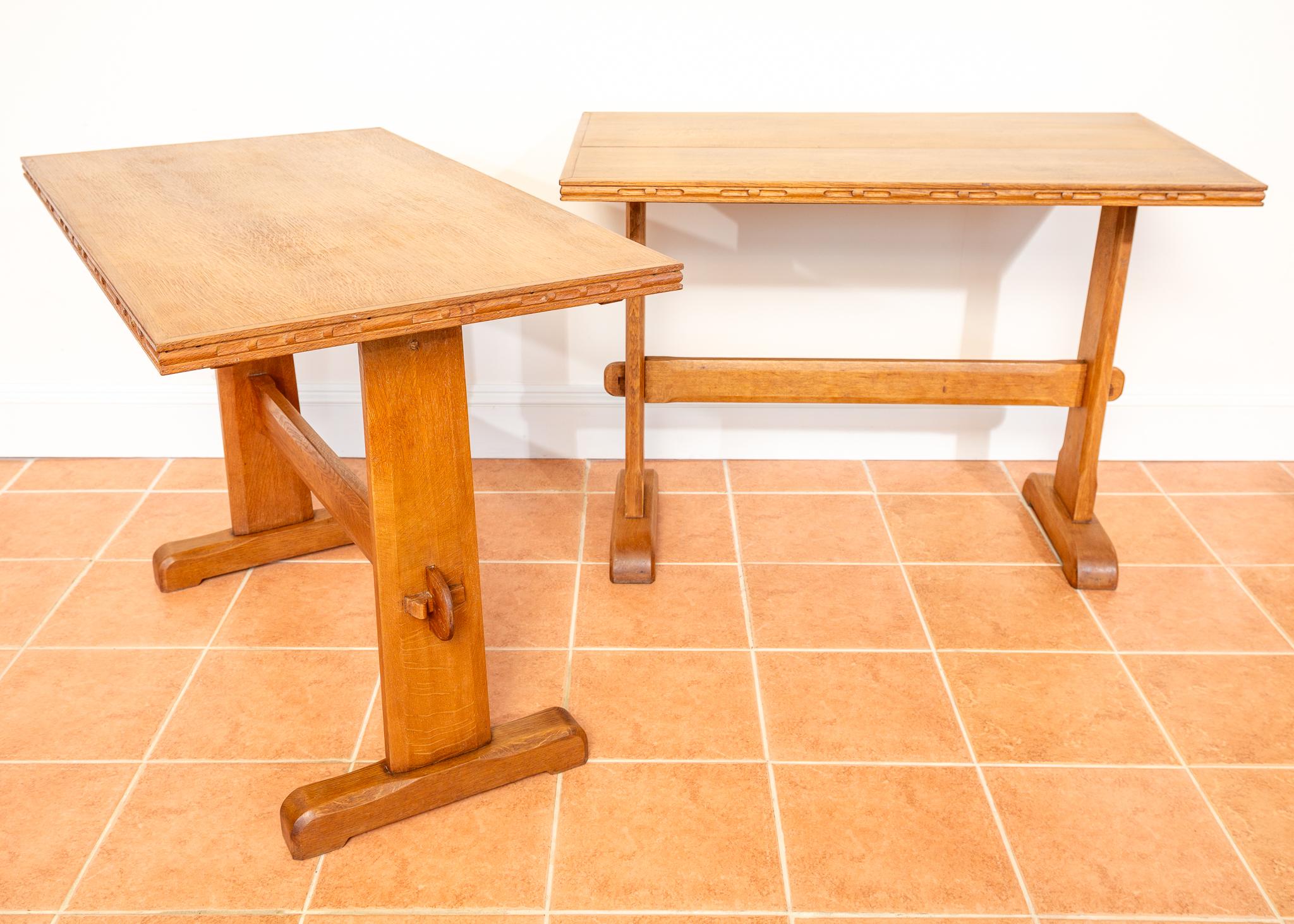 Hand-Carved Light Oak Refectory Trestle Dining Side Tables Pair Cotswold School Arts Crafts For Sale