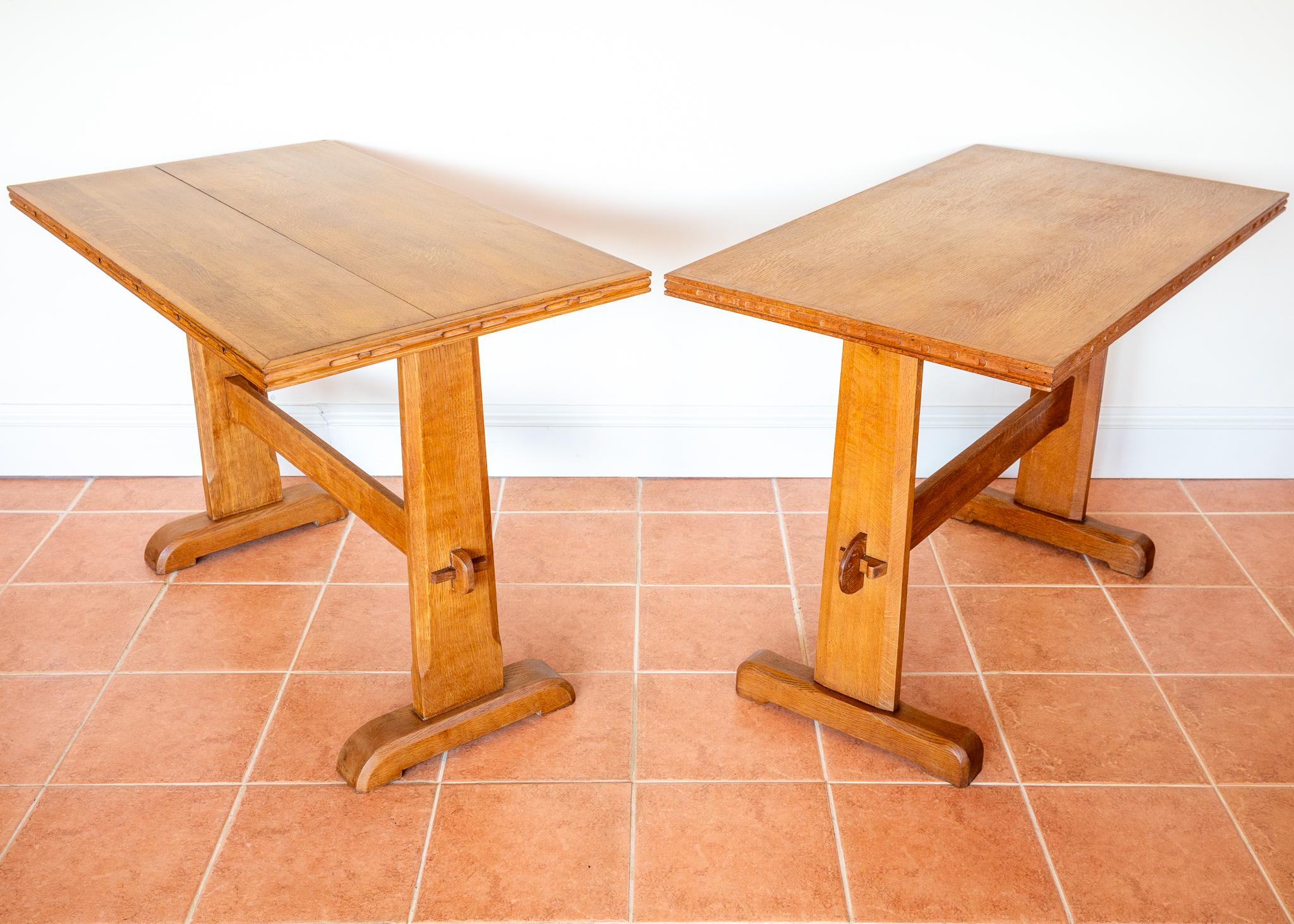 Light Oak Refectory Trestle Dining Side Tables Pair Cotswold School Arts Crafts In Good Condition For Sale In London, GB