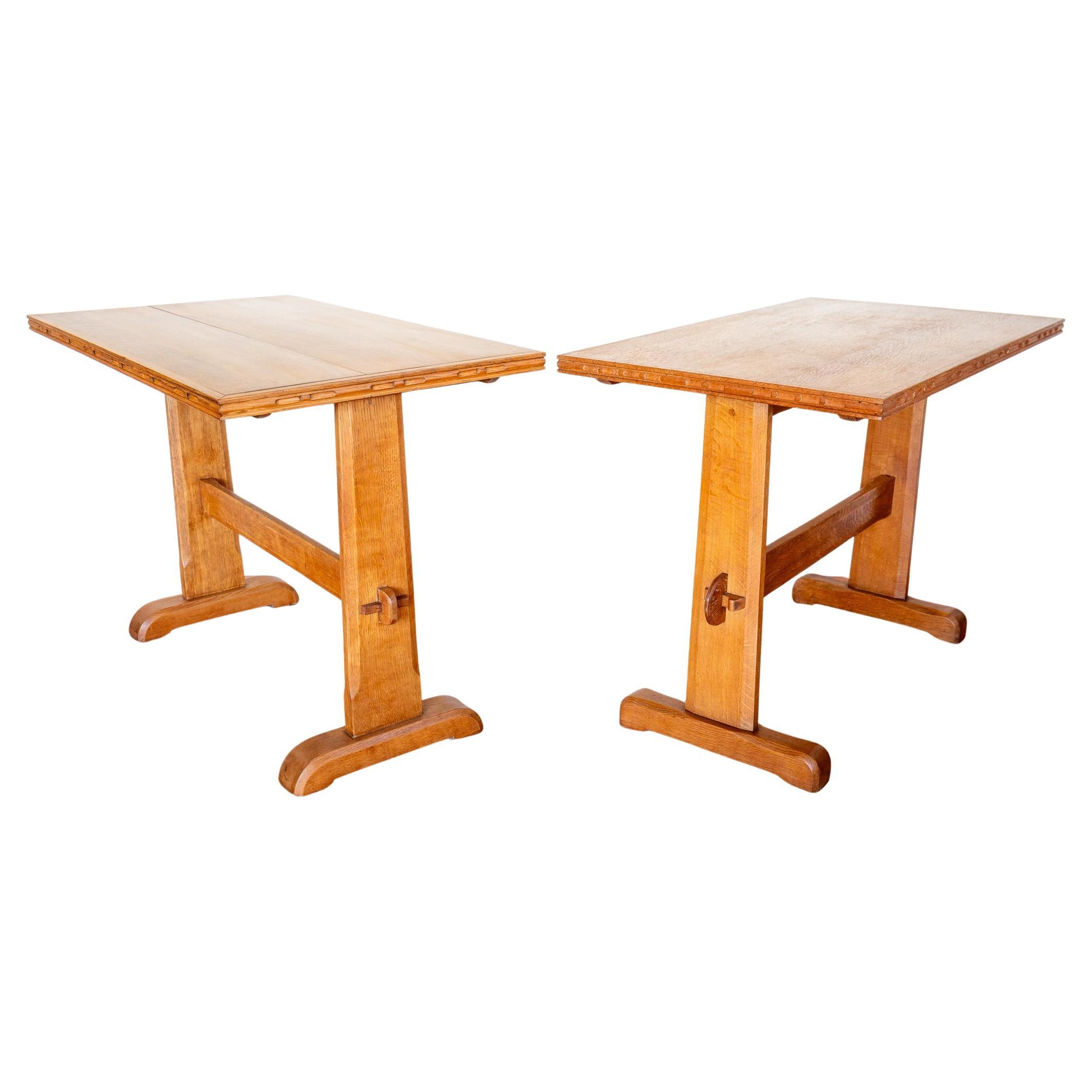 Light Oak Refectory Trestle Dining Side Tables Pair Cotswold School Arts Crafts For Sale