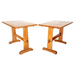 Used Light Oak Refectory Trestle Dining Side Tables Pair Cotswold School Arts Crafts