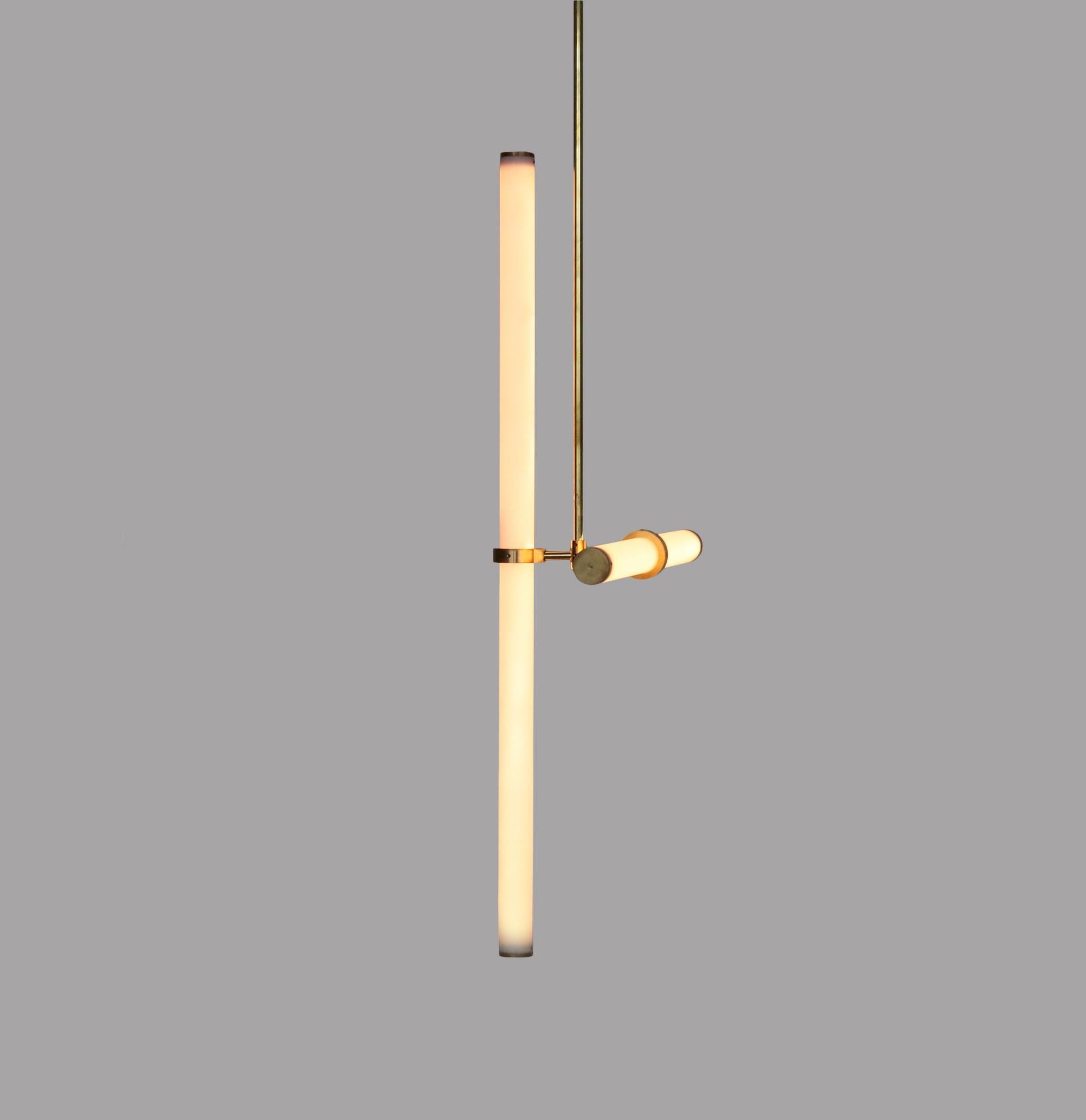 Light object 019 by Naama Hofman
Dimensions: W 40, H 120 cm (height to order)
Natural brass
Light tube diameter: 35 mm
Light tube length: 1 x 80 cm and 1 x 40 cm
Brass pipe diameter: 10 mm
Canopy diameter: 20 cm

Voltage: 110-240
CE