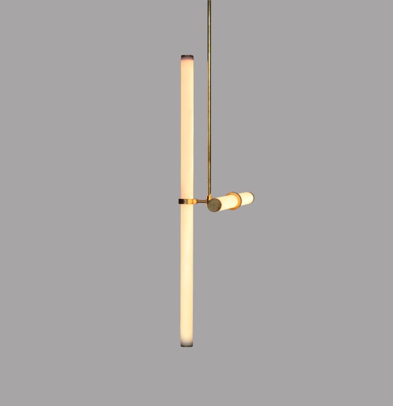Light object 019 by Naama Hofman
Dimensions: W 40, H 120 cm (height to order)
Natural brass
Light tube diameter: 35 mm
Light tube length: 1 x 80 cm and 1 x 40 cm
Brass pipe diameter: 10 mm
Canopy diameter: 20 cm

Voltage: 110-240
CE