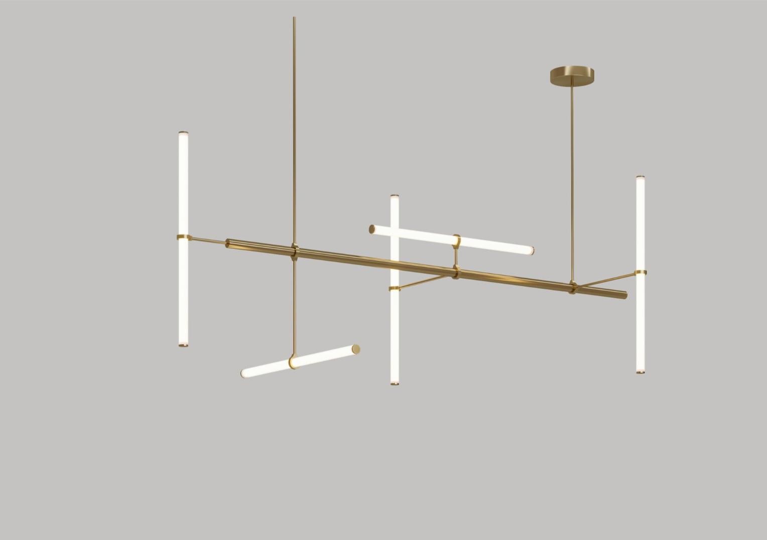 Light object 023 by Naama Hofman
Dimensions: D 83 x W 224 x H 83 cm (height to order)
Canopy: D 21 cm x H 4.6 cm.
Material: Polished brass, acrylic tube, LED lights.

Light: LED
Wattage: 86.4W
Lumens: 8000
Color temprature: 2700K warm