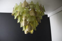 Light Olive Green and Golden Italian Murano Glass Chandelier In Barovier Style