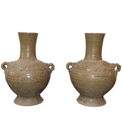 Light Olive Pair of Classic Shape Handled Vases, China, Contemporary