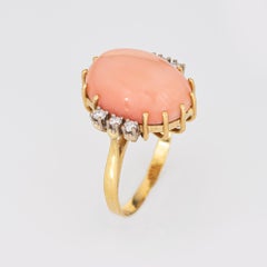 Light Peach Coral Diamond Ring Vintage 18k Yellow Gold Cocktail Jewelry