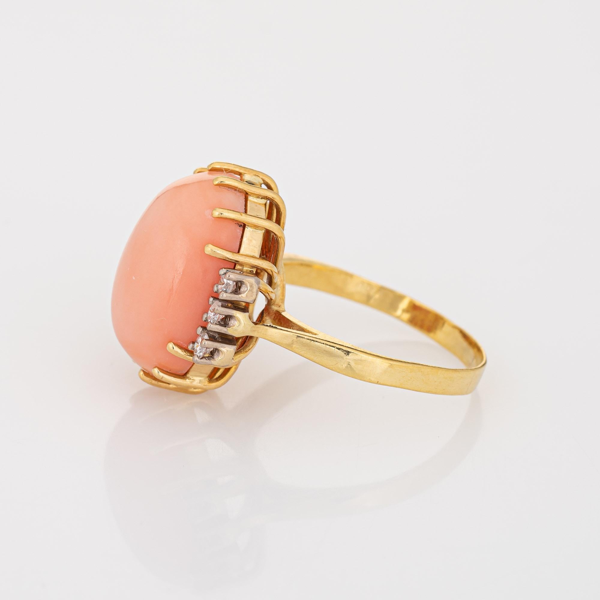 Cabochon Light Peach Coral Diamond Ring Vintage 18k Yellow Gold Cocktail Jewelry
