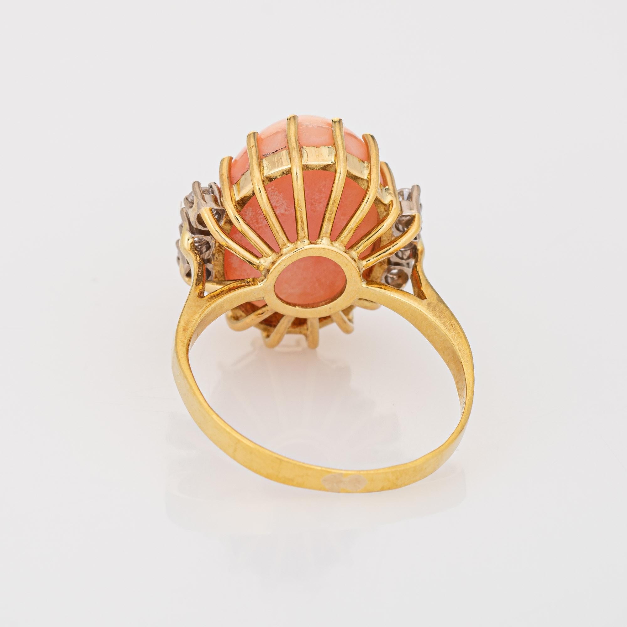 Light Peach Coral Diamond Ring Vintage 18k Yellow Gold Cocktail Jewelry In Good Condition In Torrance, CA