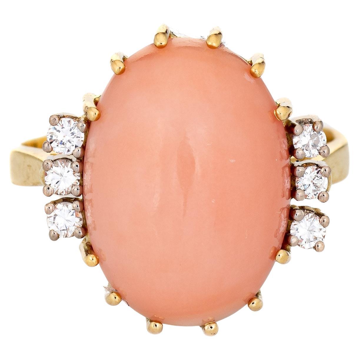 Light Peach Coral Diamond Ring Vintage 18k Yellow Gold Cocktail Jewelry