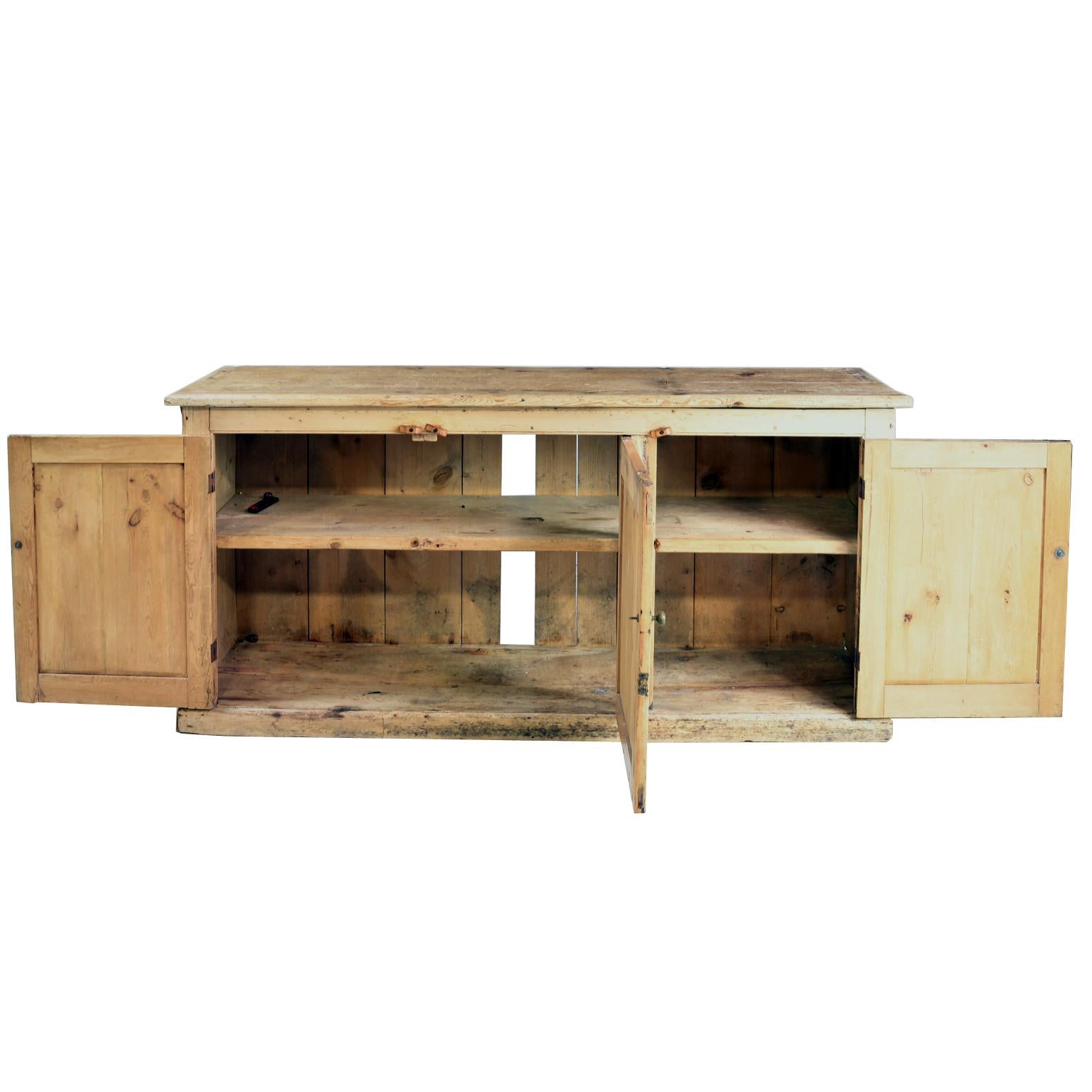 Country Light Pine Rustic Counter Console with 3 Doors and Interior Shelving, circa 1840