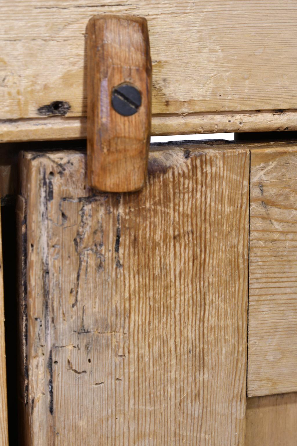 19th Century Light Pine Rustic Counter Console with 3 Doors and Interior Shelving, circa 1840