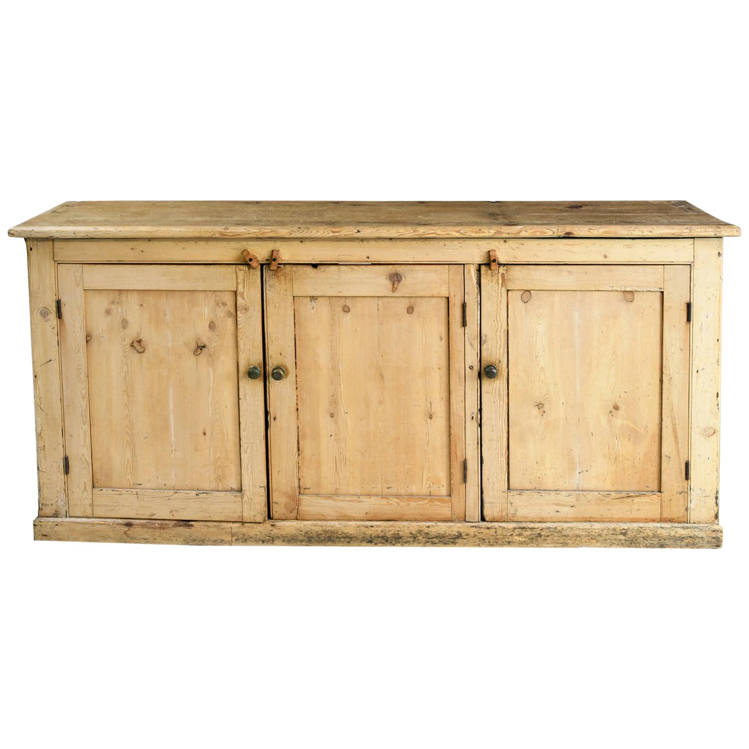 Light Pine Rustic Counter Console with 3 Doors and Interior Shelving, circa 1840