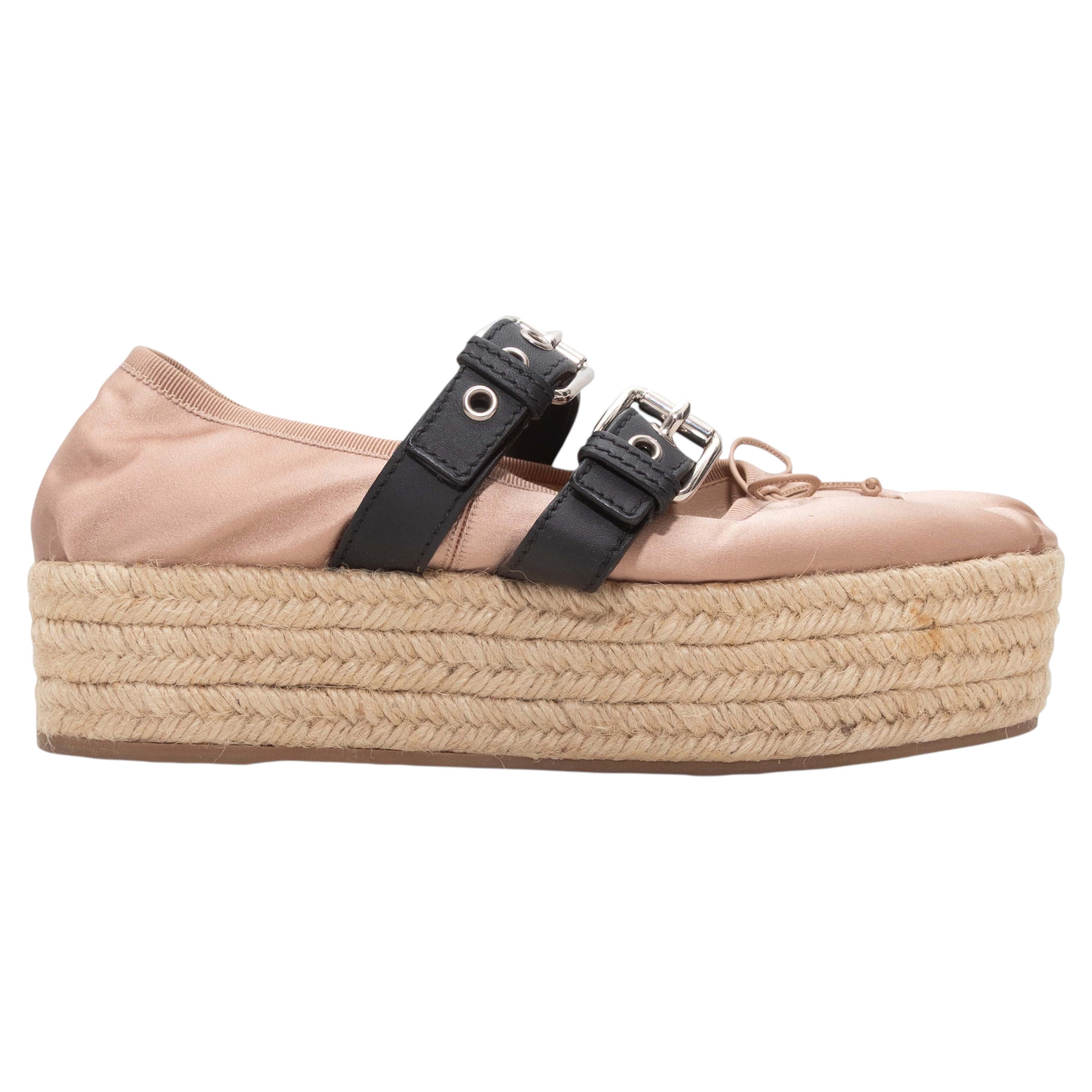 Light Pink & Black Miu Miu Platform Mary Jane Espadrilles