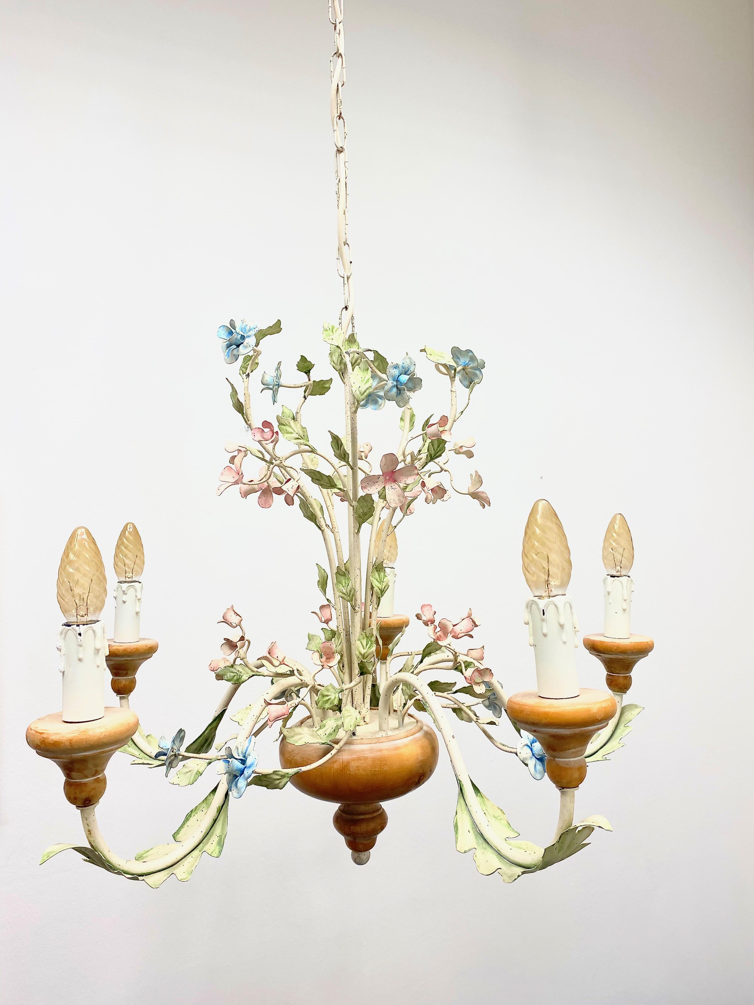 German Light Pink, Blue and Mint Shabby Chic Florence Style Chandelier, 1960s For Sale