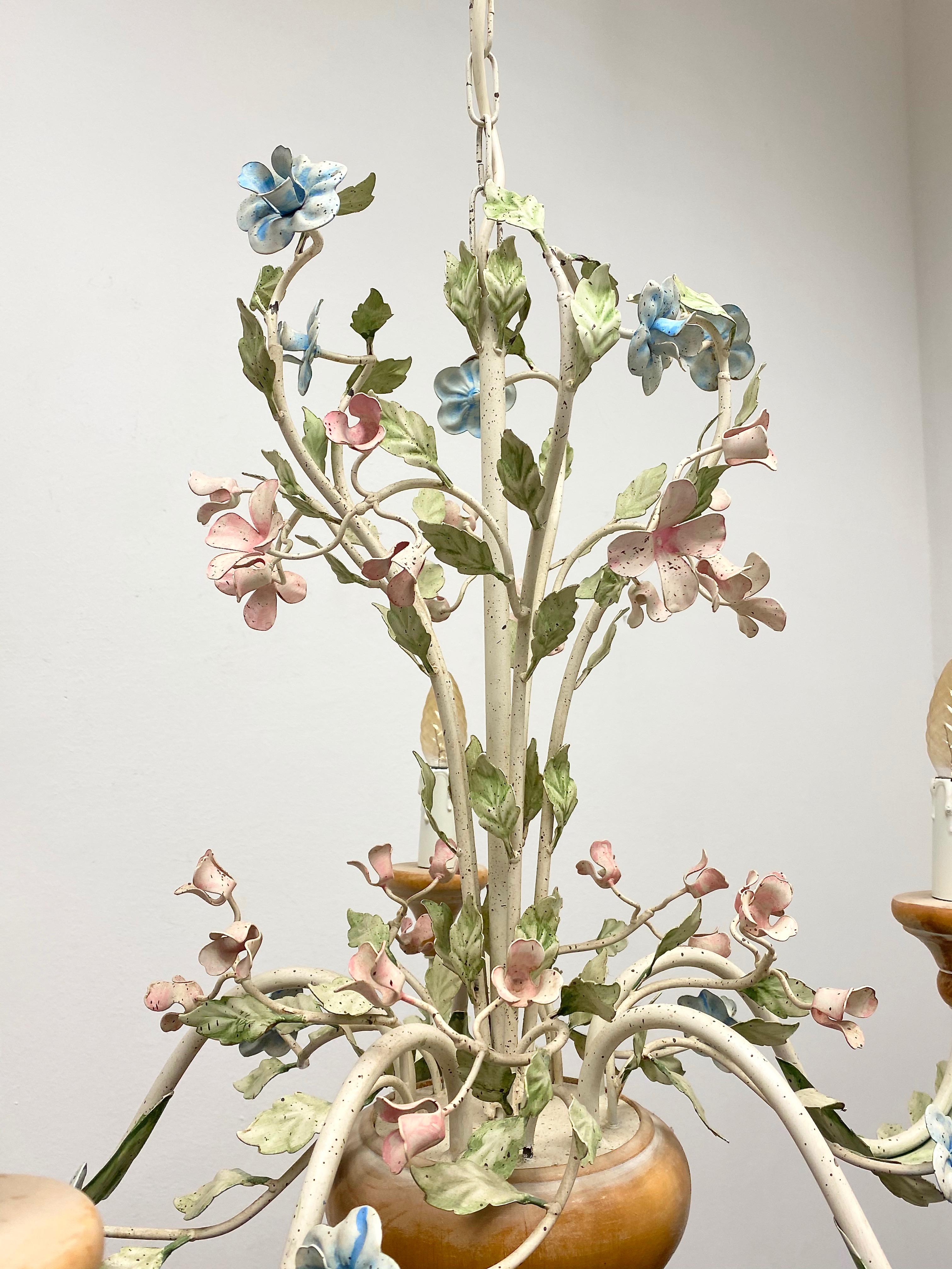 Metal Light Pink, Blue and Mint Shabby Chic Florence Style Chandelier, 1960s For Sale