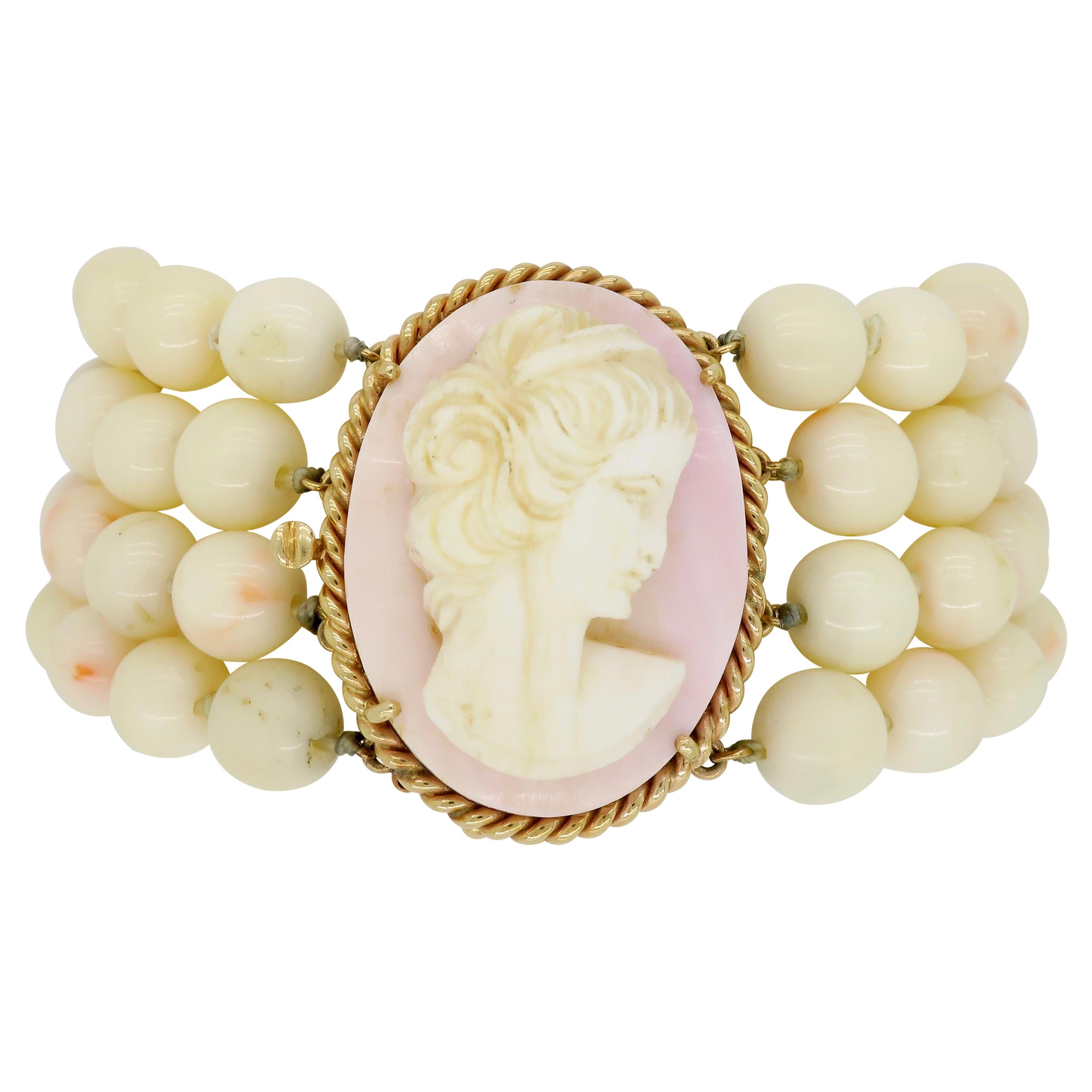 Light Pink Coral and Carved Cameo Bracelet with 14 Karat Gold Clasp