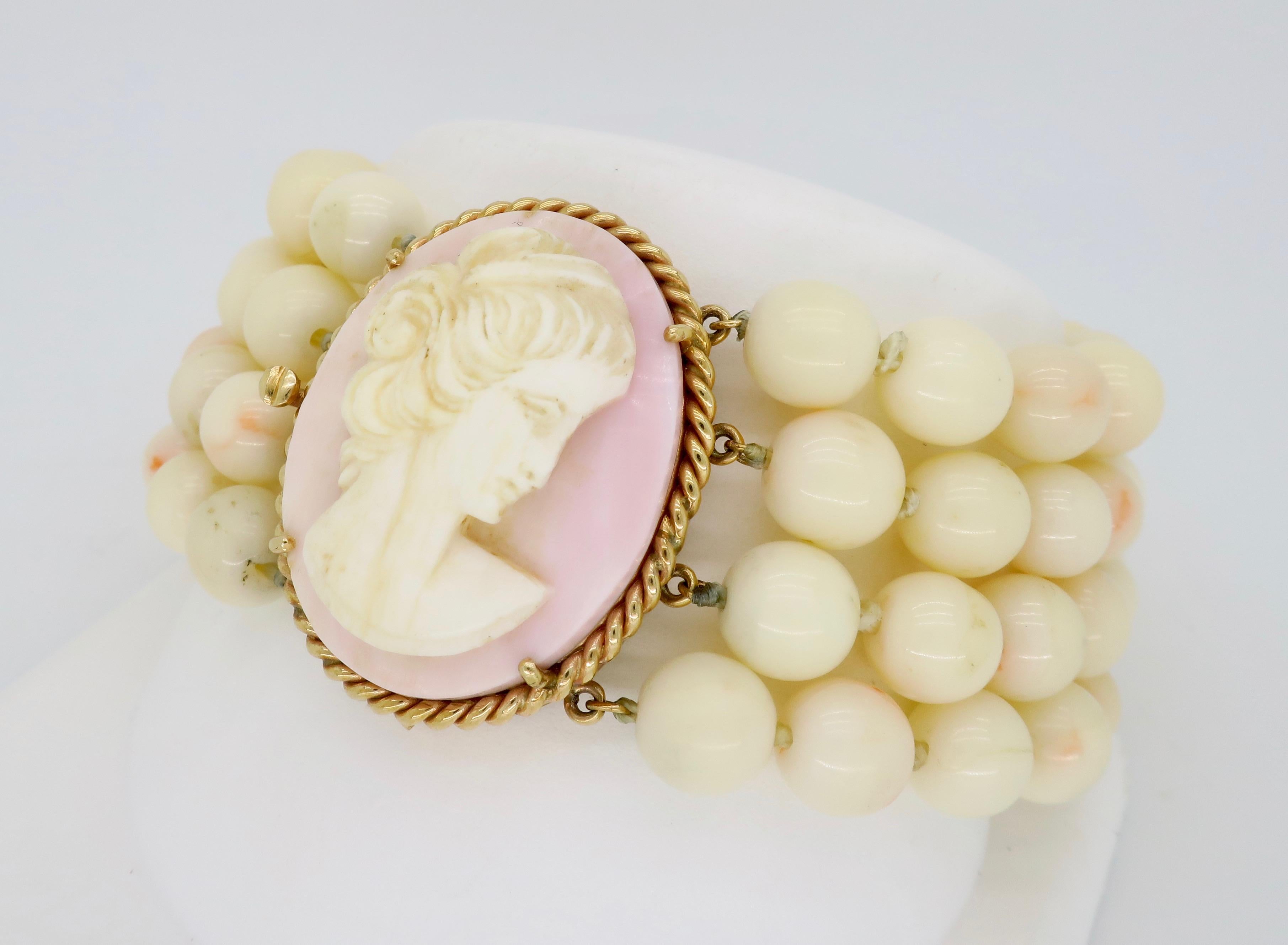 Light Pink Coral and Carved Cameo Bracelet with 14 Karat Gold Clasp In Excellent Condition In Webster, NY