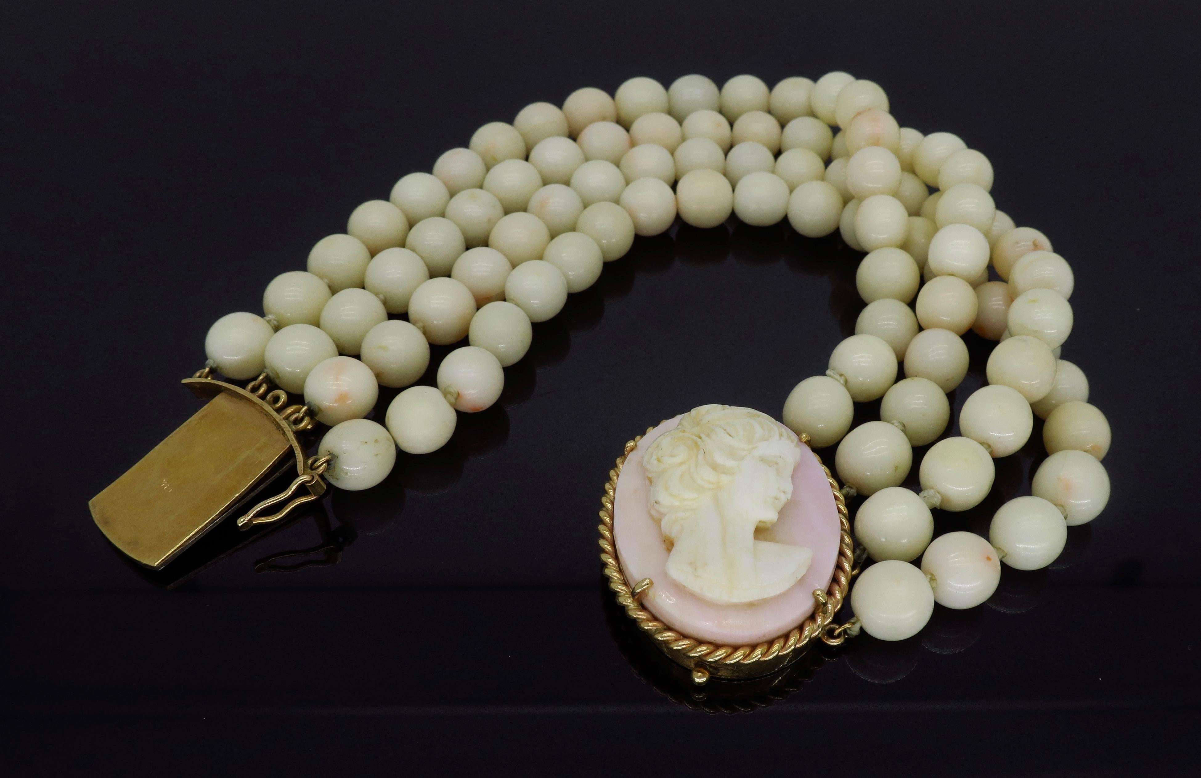 Light Pink Coral and Carved Cameo Bracelet with 14 Karat Gold Clasp 2