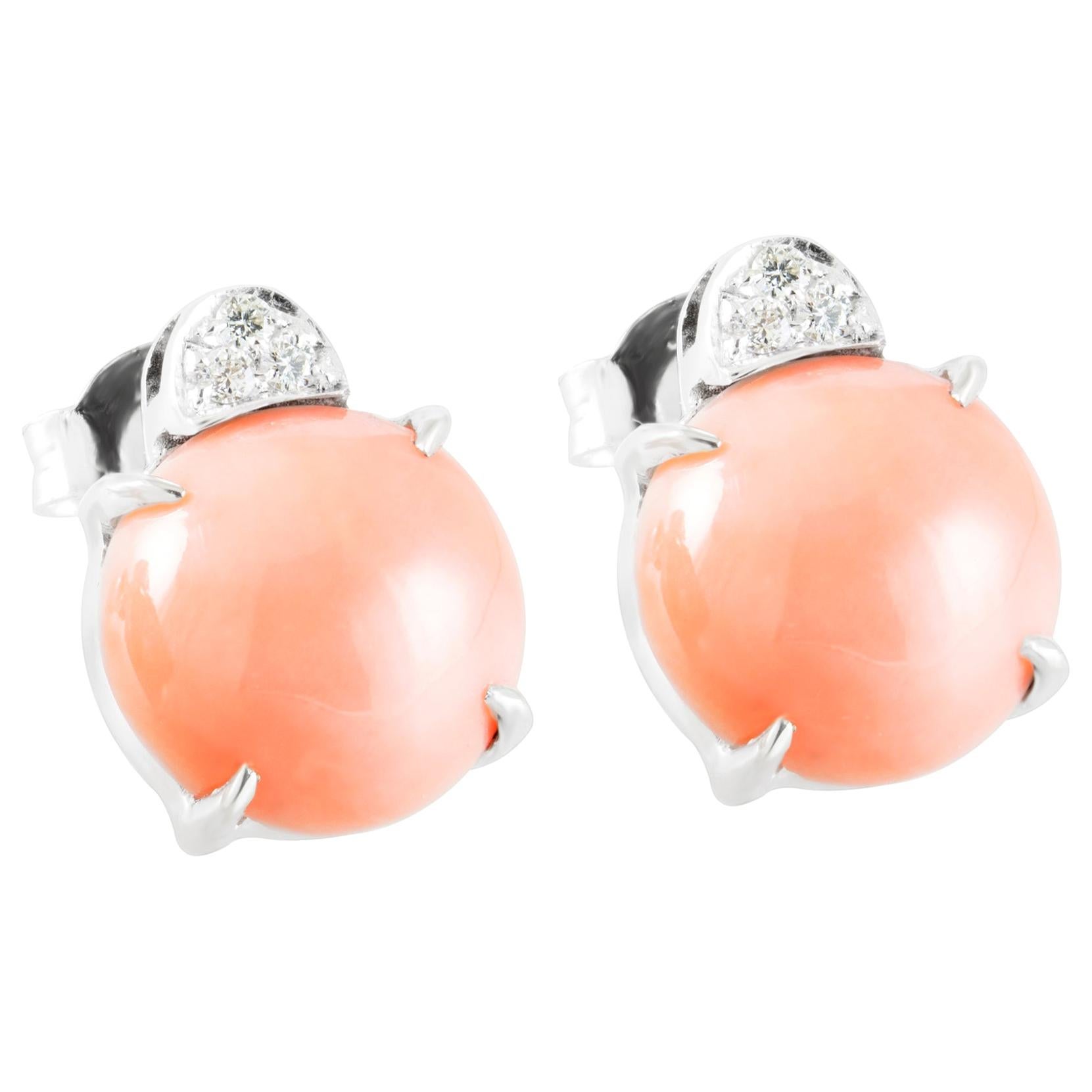 Light Pink Coral Made in Italy Stud Earrings with White Diamonds 18 Karat Gold For Sale
