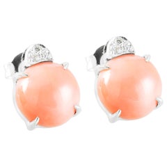 Used Light Pink Coral Made in Italy Stud Earrings with White Diamonds 18 Karat Gold