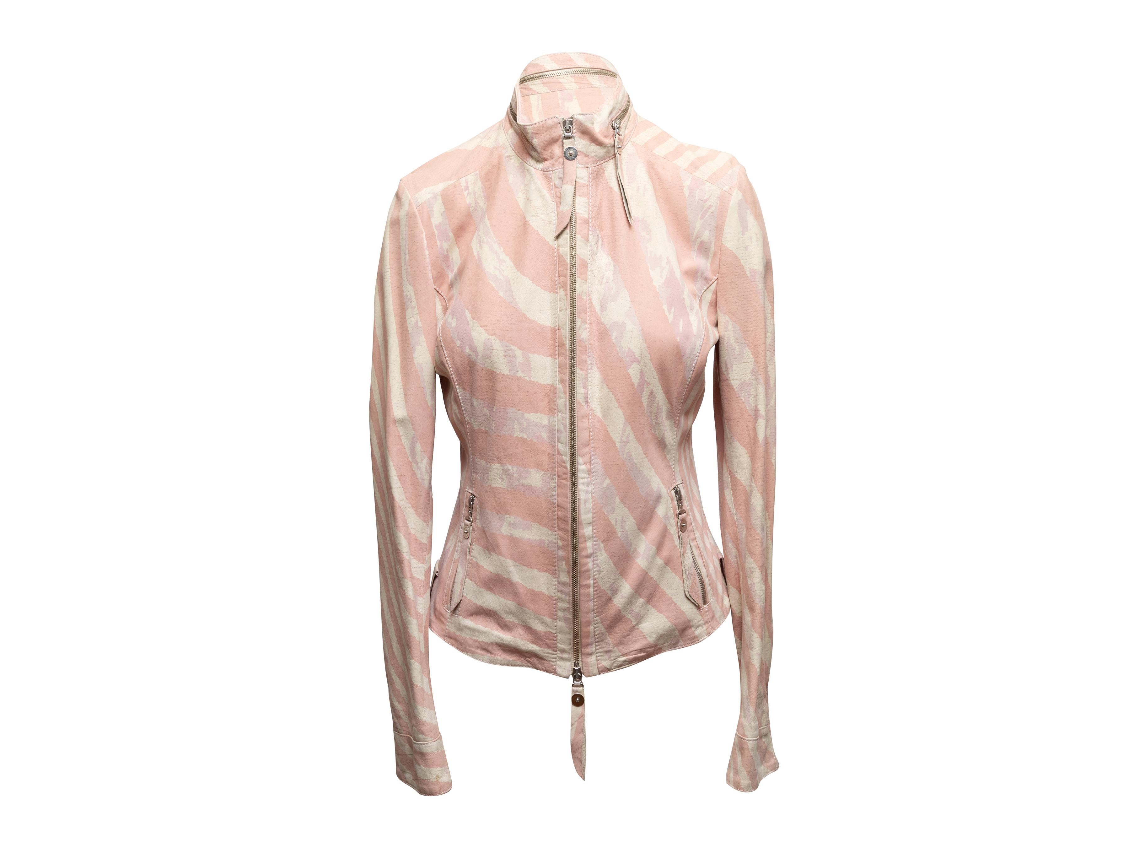 Light pink and cream striped leather jacket by Angelo Mozzillo. Stand collar. Dual zip closure hip pockets. Zip closure at center front. 34