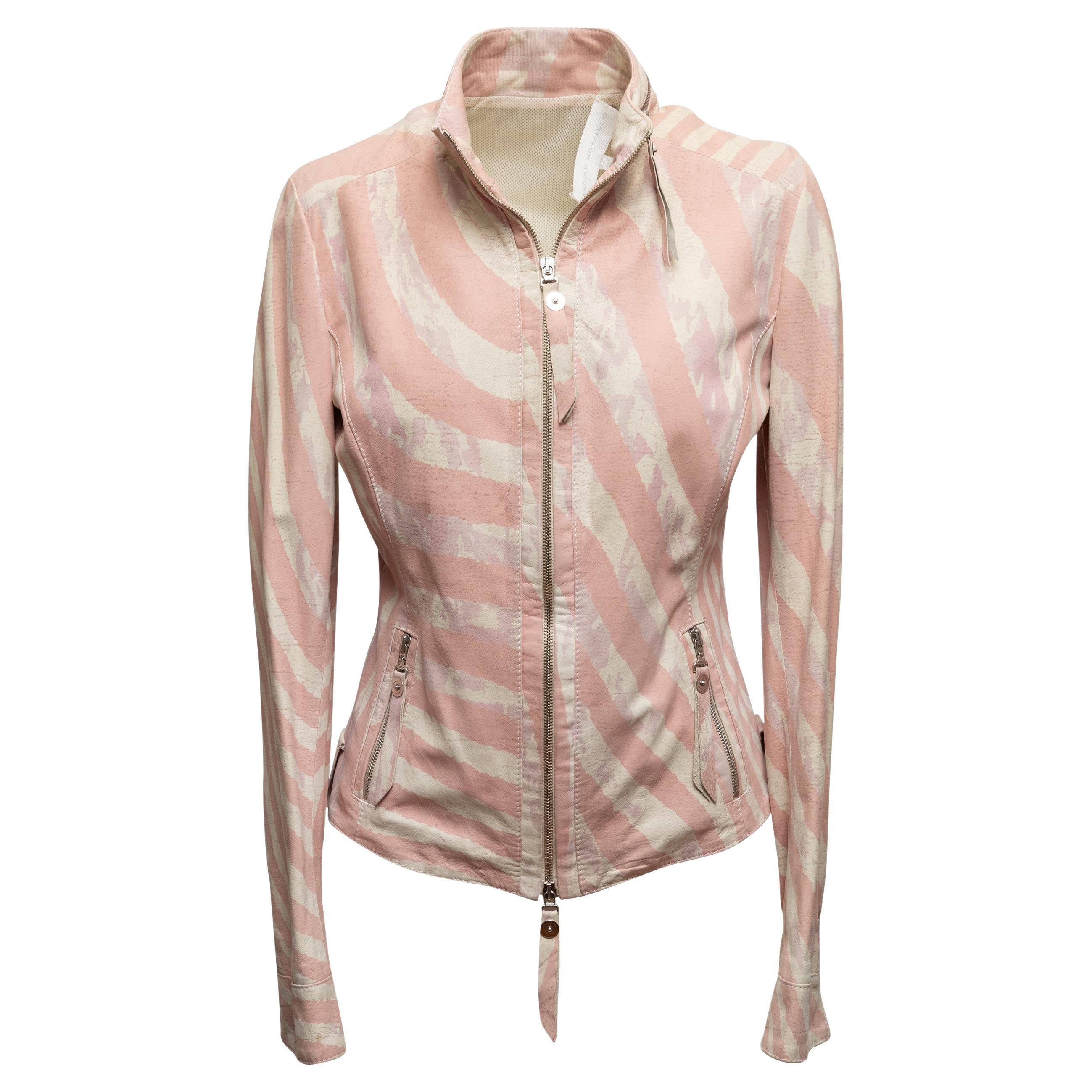 Light Pink & Cream Angelo Mozzillo Striped Leather Jacket Size IT 42