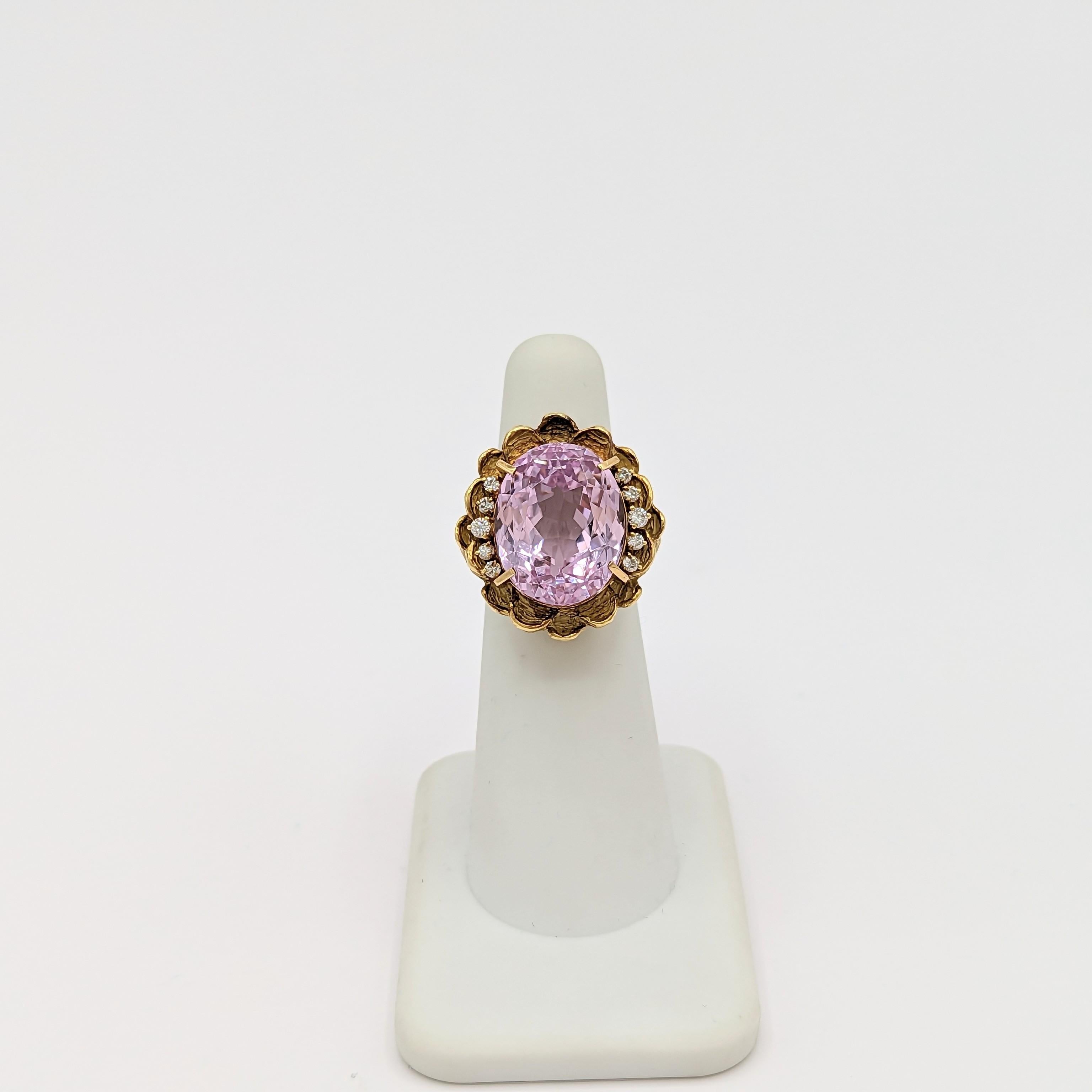 Gorgeous large light pink kunzite oval with 0.05 ct. white diamond rounds and squares.  Handmade in 18k yellow gold.  Ring size 5.5.