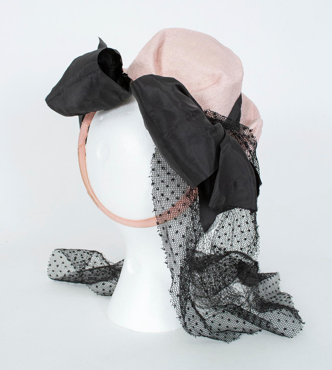Gray Light Pink Miniature Tilted Top Hat with Trailing Black Veil – O/S, 1930s