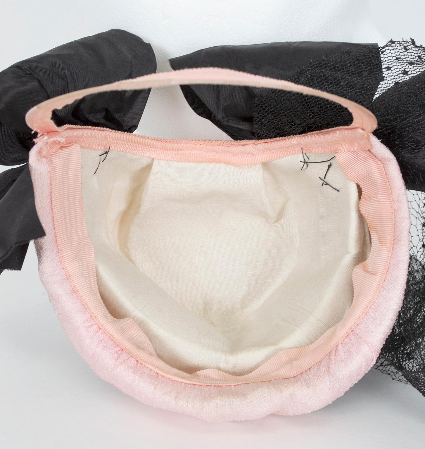 Light Pink Miniature Tilted Top Hat with Trailing Black Veil – O/S, 1930s 1