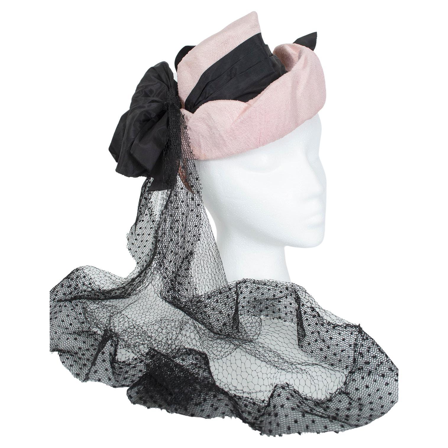 Light Pink Miniature Tilted Top Hat with Trailing Black Veil – O/S, 1930s